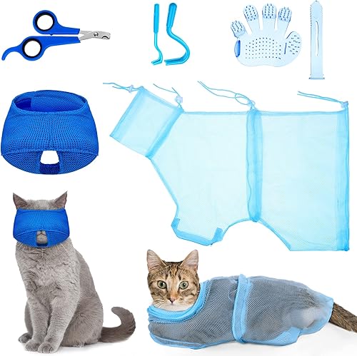 Juego de 5 bolsas de baño para gatos, bolsa de aseo para gatos, bolsa de red ajustable para ducha de mascotas, bozales para gatos, antimordeduras,