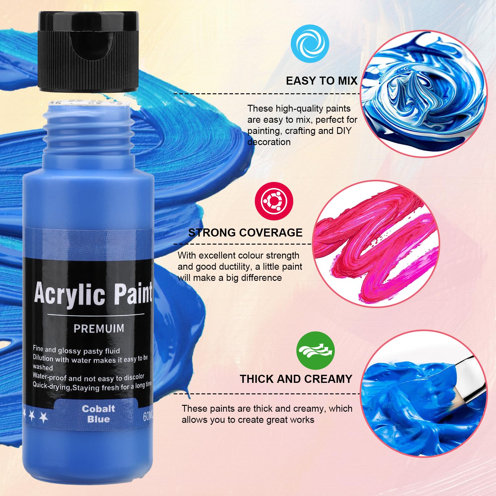 Juego de pinturas acrílicas, 36 unidades, 60 ml, pintura acrílica resistente al agua, para artistas, principiantes, adultos, pinturas acrílicas para lienzo, piedras, madera, con 12 pinceles y