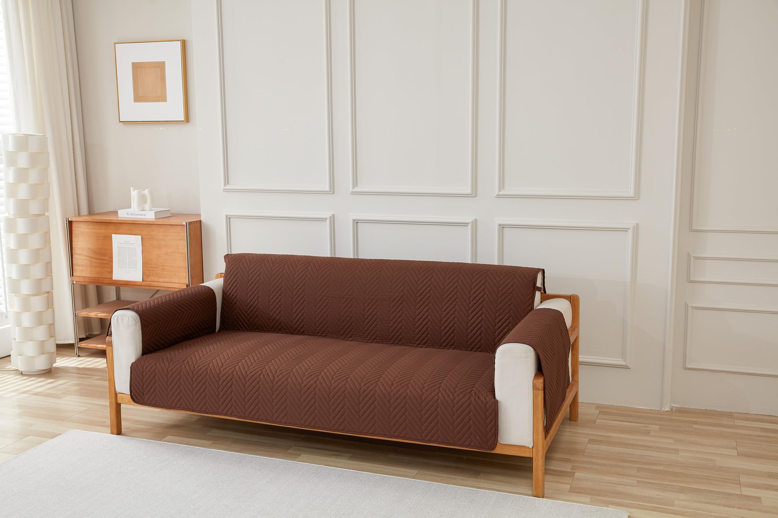 Yunora ソファーパッド 肘付き ソファーカバー 滑り止め 両面撥水加工 ソファ保護マット 犬猫対策 1人掛け 2人掛け 3人掛け 替え 一体式 マルチカバー 無地 四季通用 中綿入り ポケット付き お手入れ簡単 洗える (コーヒー, 2人掛け(幅長171cm))