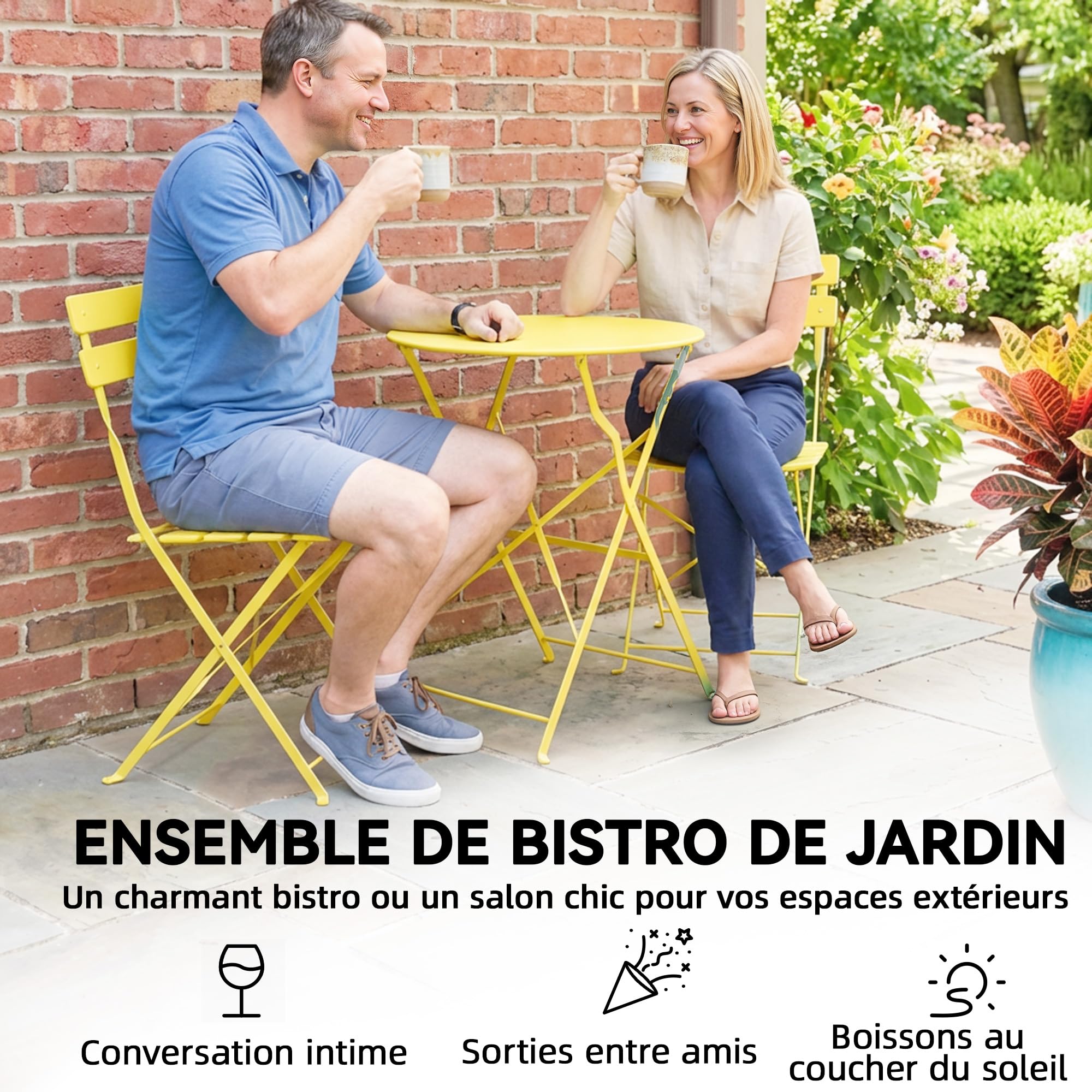 Outsunny Ensemble Bistrot de Jardin 3 Pièces san Montage - Table et 2 Chaises Pliantes à Lattes en Métal avec Double Protection Antirouille - Mobilier de Balcon et Terrasse Chic, Jaune