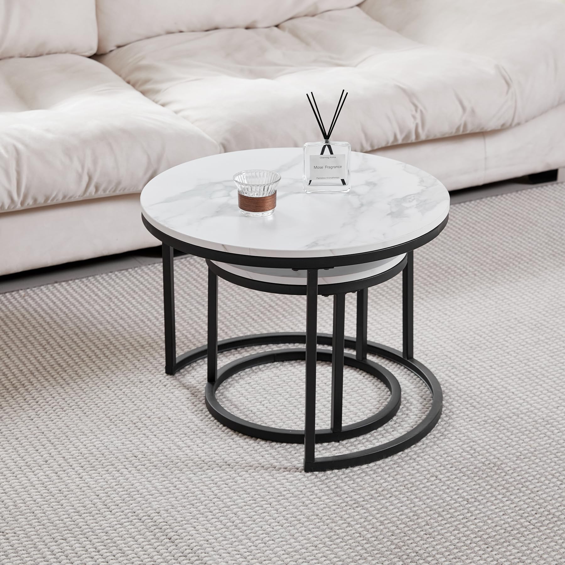 Juego de 2 Mesa Nido Salon, Mesa Nido Pequeña para Salón o Comedor Oficina, Aspecto de Imitacion Mármol Blanco, Grande: 60 * 60 * 45cm, pequeña: 40 * 40 * 35cm (Blanco/Negro)