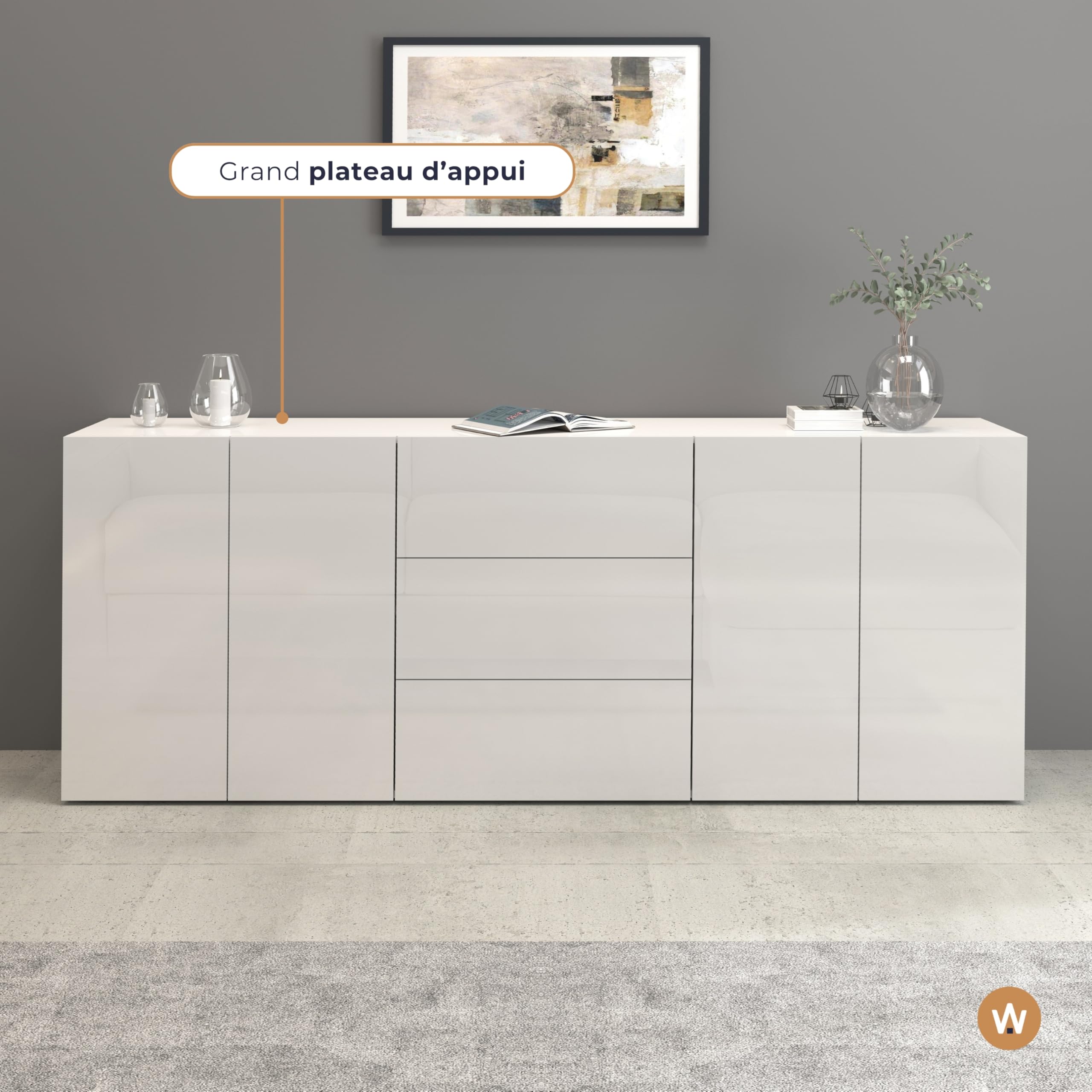 WHOUS Buffet Egypt pour Salon ou séjour, 200 x 40 x 80 cm, Bahut Moderne à 4 Portes et 3 tiroirs, Blanc Brillant
