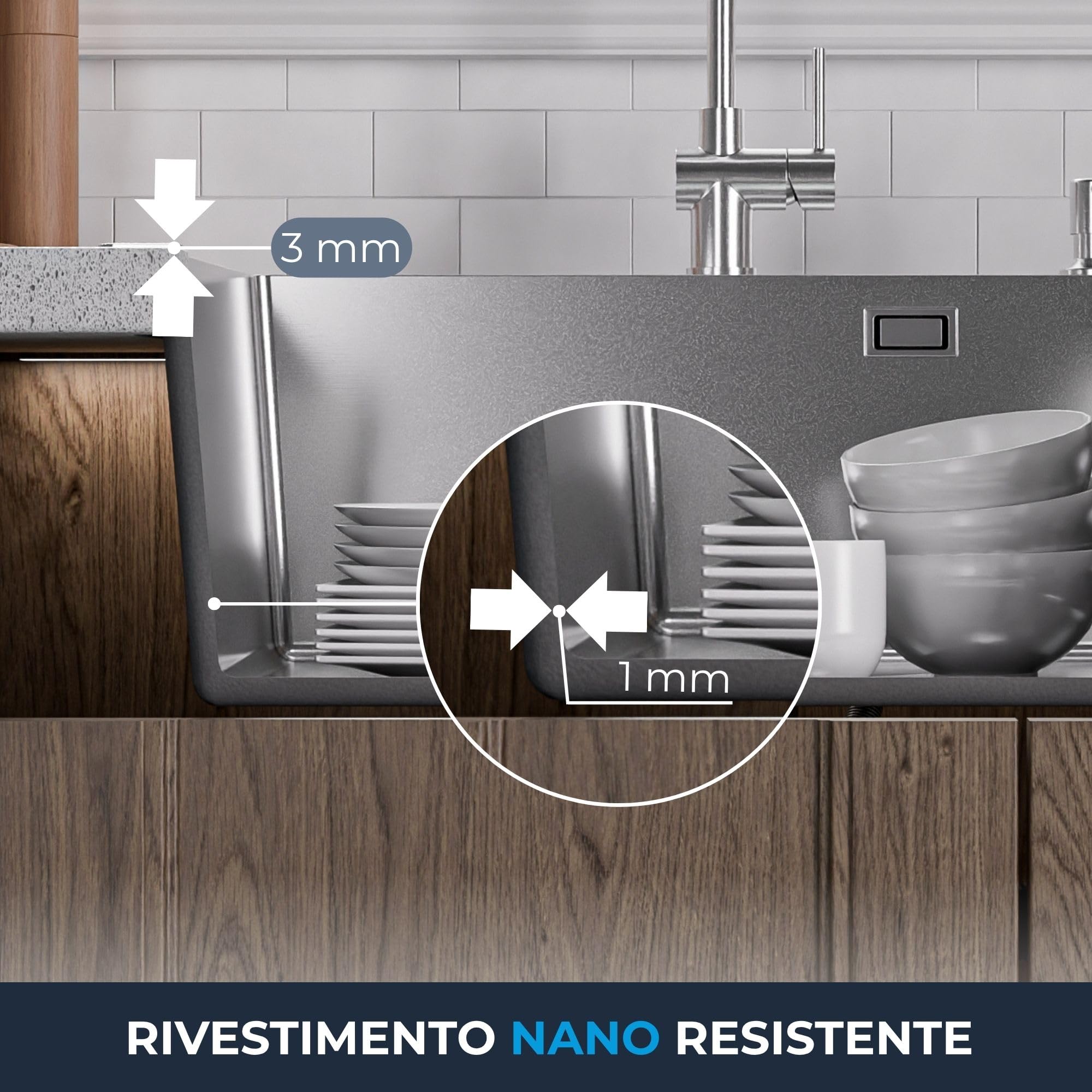 ANW HOME Lavello Cucina 1 Vasca, Lavandino Cucina in Acciaio Inox 304 con Montaggio Superiore, 60x50 cm, Argento, Finitura Nano, Spessore 3+1 mm, Profondità 22 cm, con Sifone