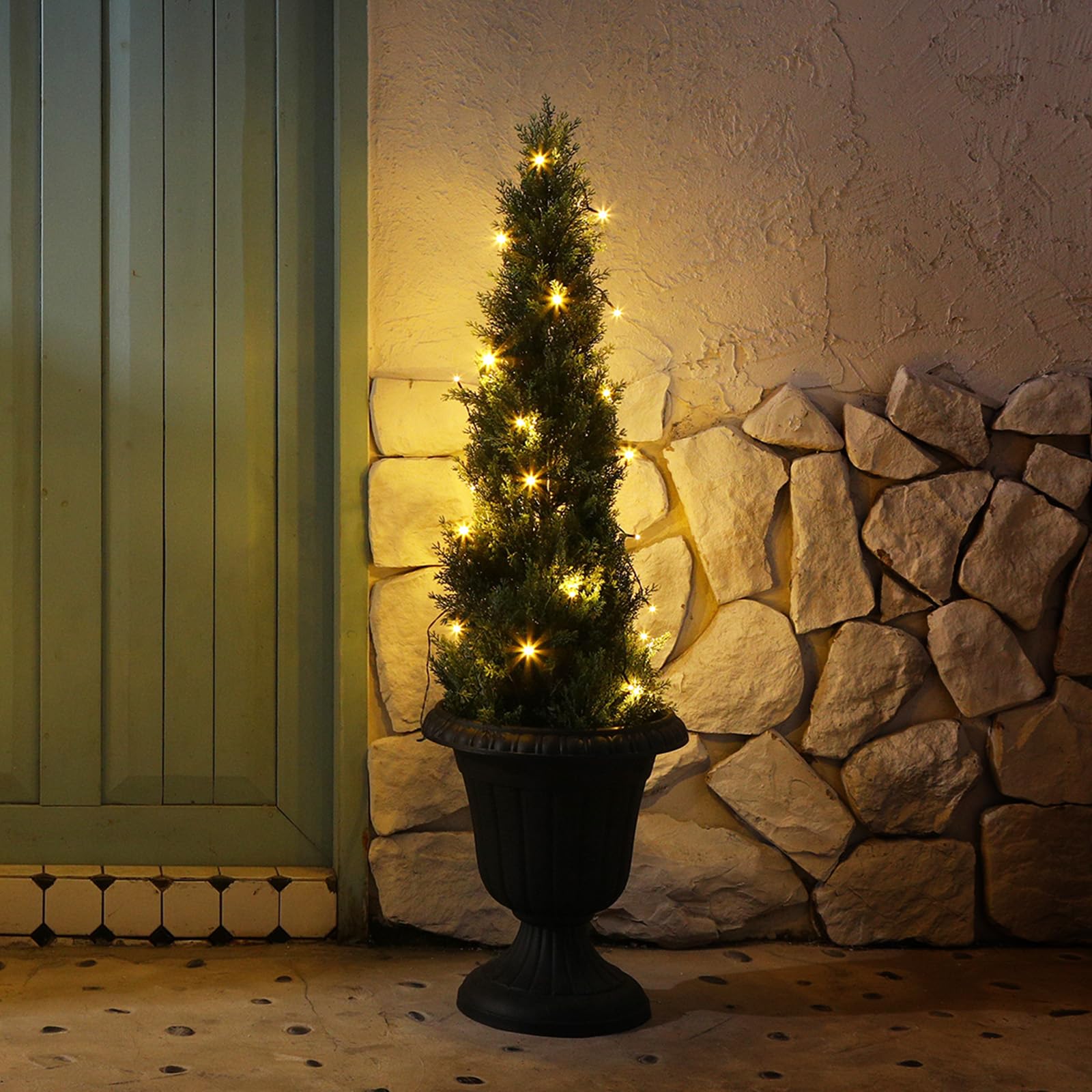 Lot de 1 arbre topiaire artificiel de 1,2 m pour extérieur, cyprès artificiel en pot avec lumières, fausses plantes persistantes pour décoration de porche