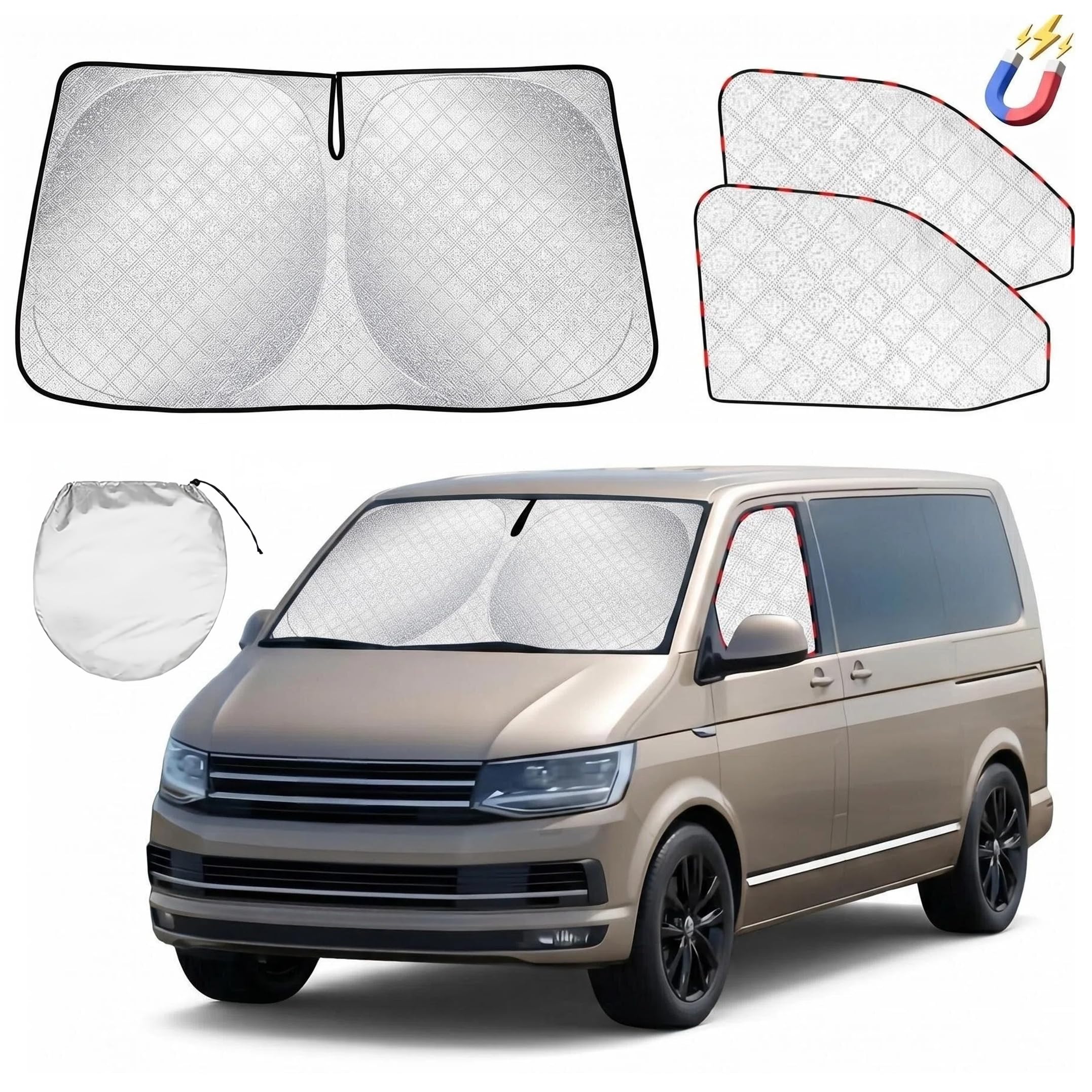 Parasol Parabrisas Coche para VW T5 T6,3 Piezas Protector Parasol Delantero Coche,Parasoles Termicos para Furgonetas,Cubierta Parabrisas de Coche Interna de Lujo,Protección UV,Plegable