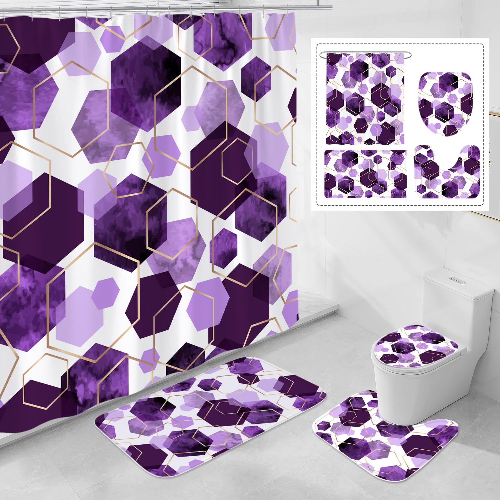 Litabel 4 Pcs Purple Modern Geometric Shower Curtain Set with Non-Slip Rugs, Toilet Lid Cover and Bath Mat, Abstract Bathroom Decor Set with Shower Curtain and Rugs