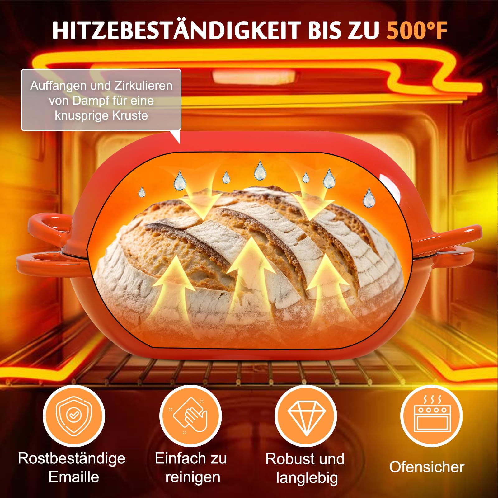 Teglia per pane in ghisa con coperchio, 23 cm, in ghisa smaltata, con coperchio, 2,75 l, ideale per il pane, adatta al forno (arancione)