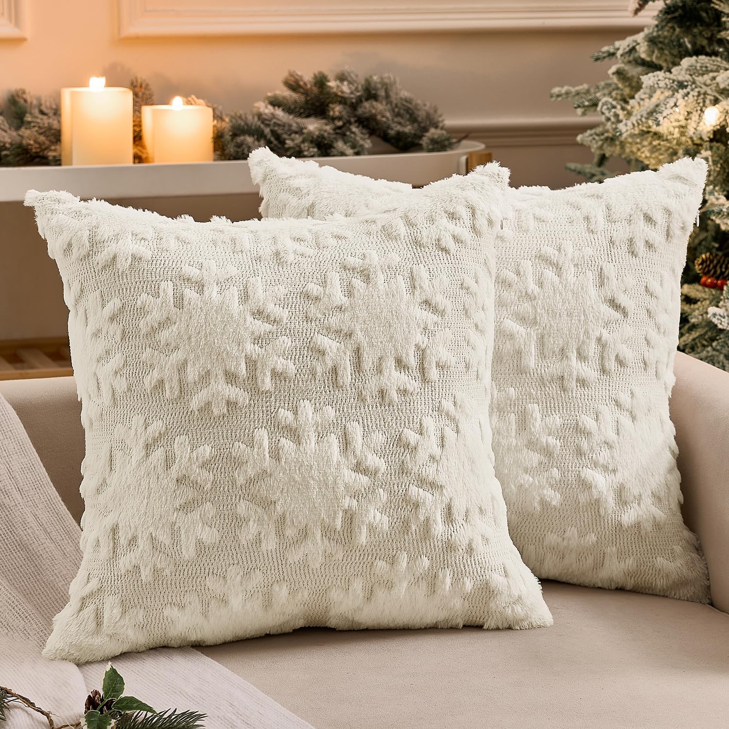 Woaboy Christmas Throw Pillow Covers 20x20 inch Set of 2 Cream White Snowflake Soft Fluffy Winter Embroidery Pillowcases for Couch Sofa Living Room Bedroom Holiday Decor 20" x 20" (Pack of 2) Cream White