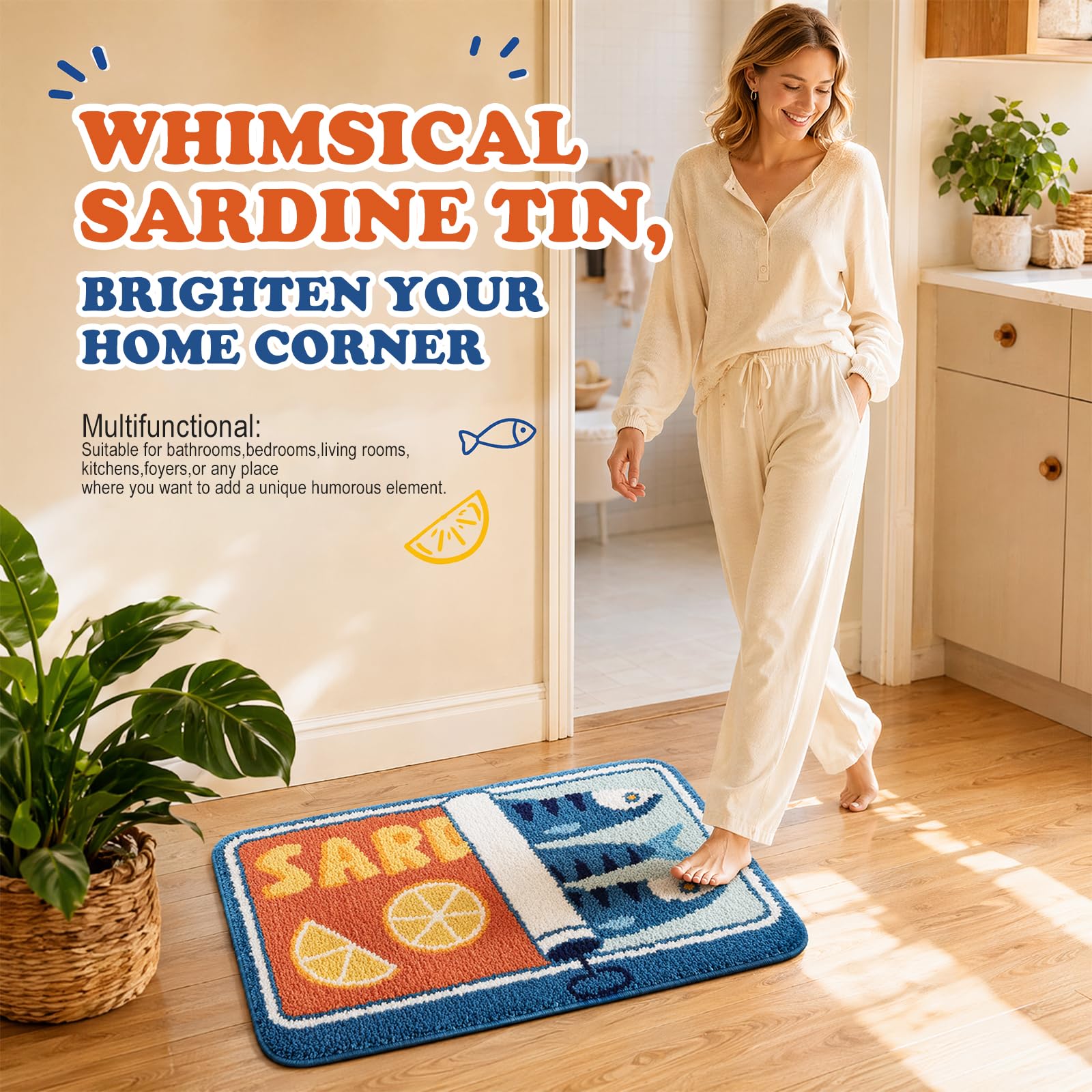 Sardinen Dose - Tappetino da bagno, 50 x 80 cm, divertente, lavabile, antiscivolo, morbido, assorbente, per bagno, cucina, camera da letto, WC, soggiorno