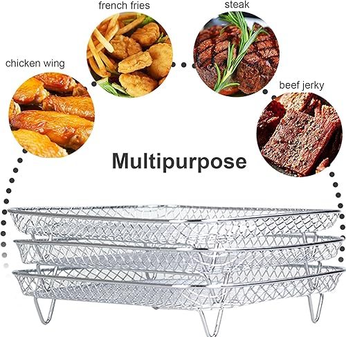 Miniatura 4 de Estante para freidora de aire, 3 capas de acero inoxidable, estante apilable para freidora de aire con 8 pies de silicona para horno, olla de