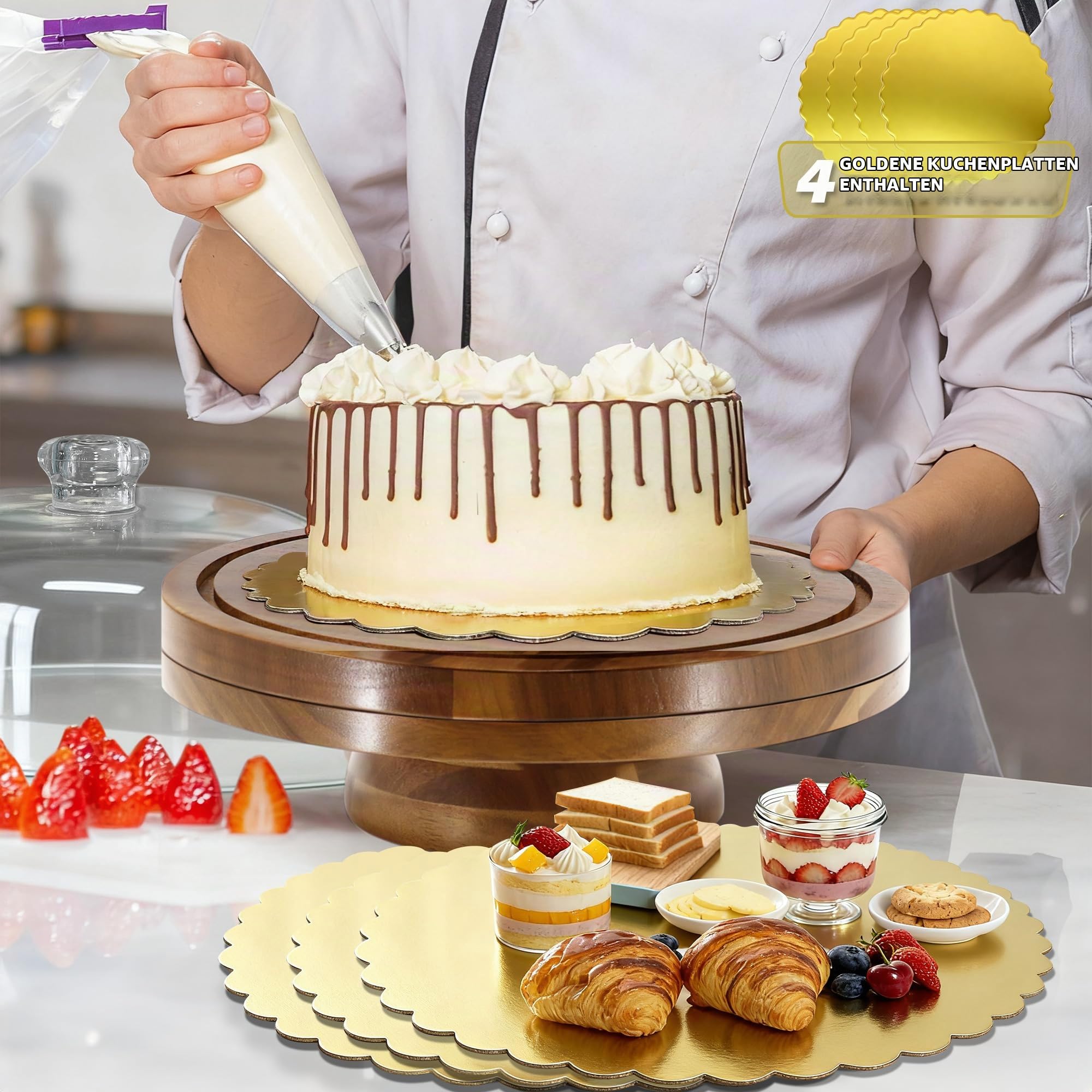 30cm Drehbar Tortenständer Tortenplatte, Multifunktional Holz Kuchenständer | Mit Deckel & Fuß & 4 Stück Gold Cake Board, Runde Drehteller für Küche Backen Hochzeit Party