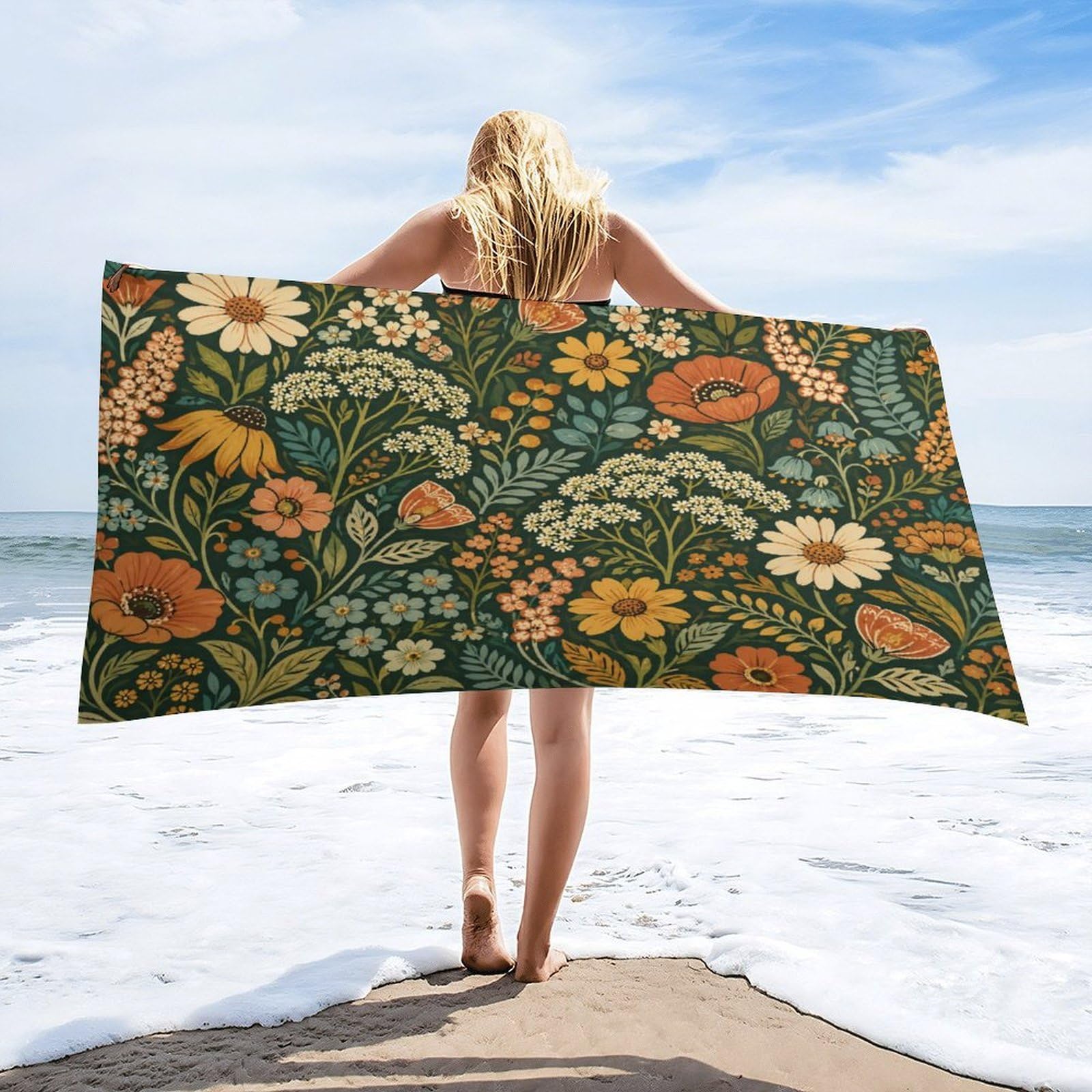 Anceky Floral with Wildflowers and Leaves Beach Towel 32"×63",Soft Microfiber Bath Towel Shawl, Quick Dry Absorbent Pool Spa Gym Shower Towel