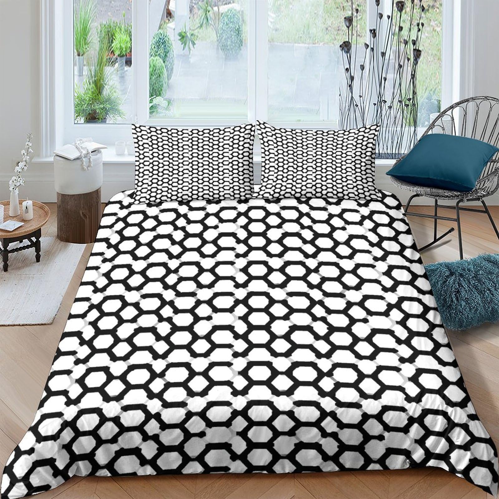 Ctjqhvkz Style-10 3D Printed Geometric Hexagon Fitted Sheet Microfiber Soft Black White Abstract Mattress Cover Bedroom Decor Single（135X200cm）