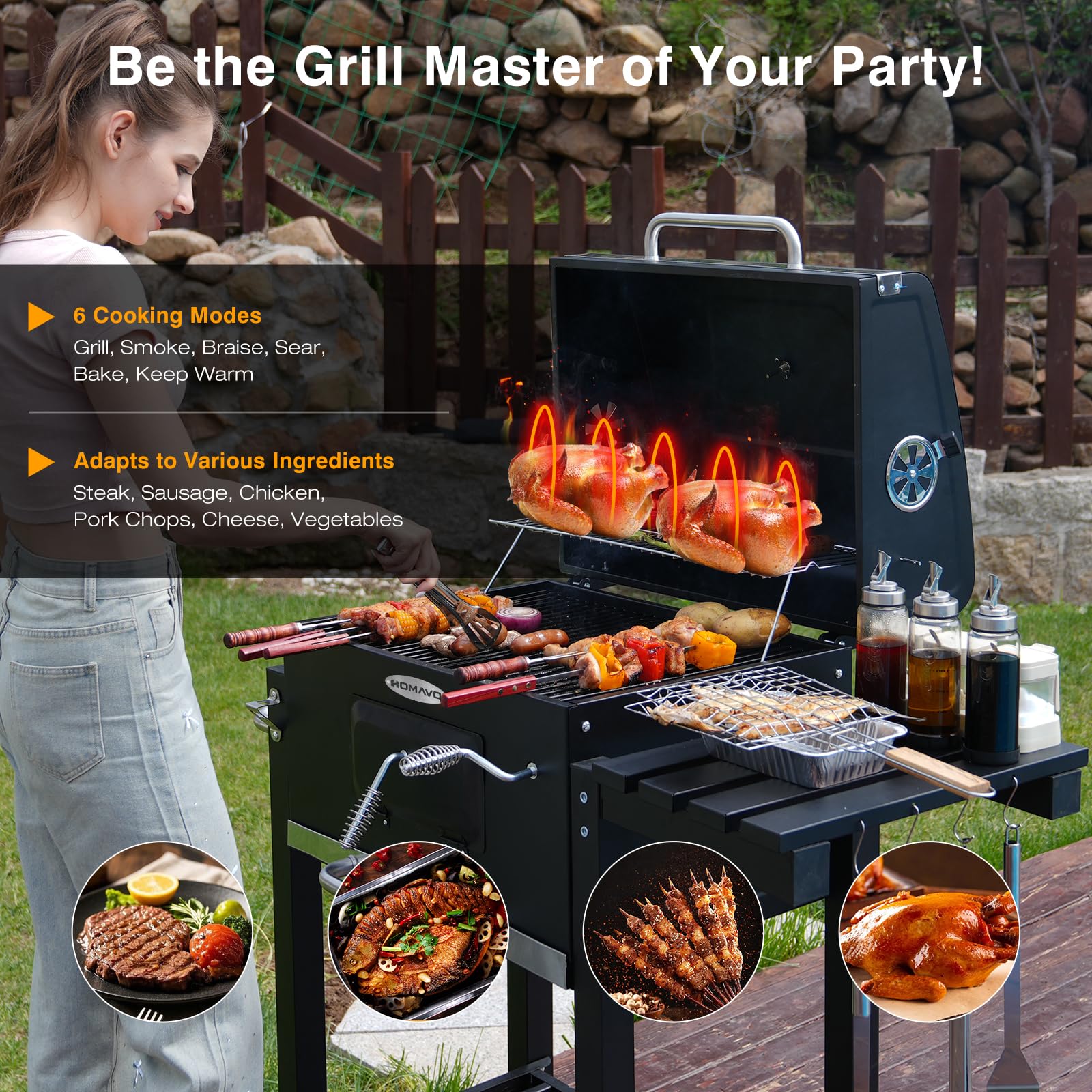 Grill na węgiel drzewny, składany grill z pokrywą, powierzchnia grillowania 56 x 42,5 cm, kosz na węgiel z regulacją wysokości, składany stół boczny i pokrowiec ochronny w zestawie