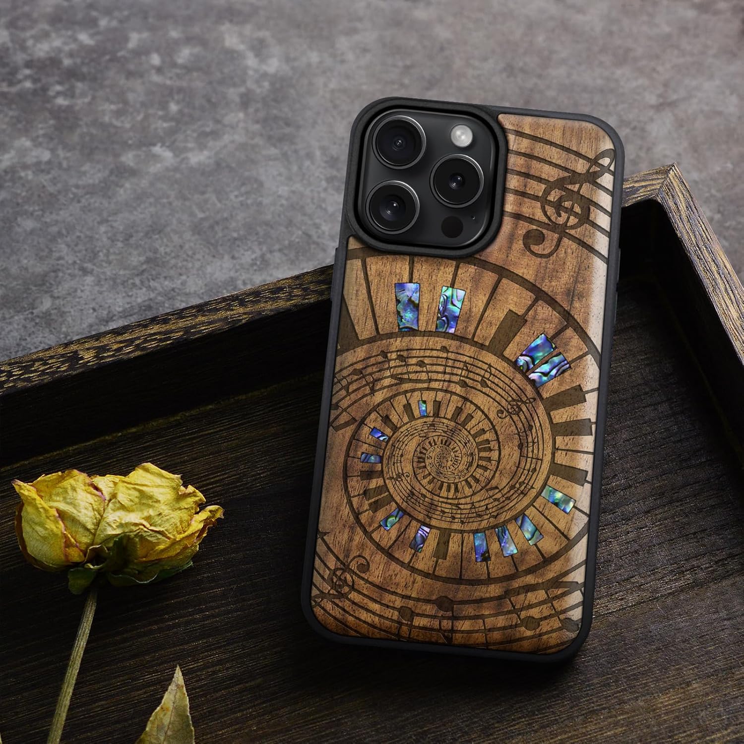 Carveit Magnetic Case for iPhone 16 Pro Max Case, Wood Artisan Engraved & Handmade Shell Inlaid, TPU Shockproof Cover, Compatible with MagSafe Wireless Chargers (A Spiral Symphony) Walnut