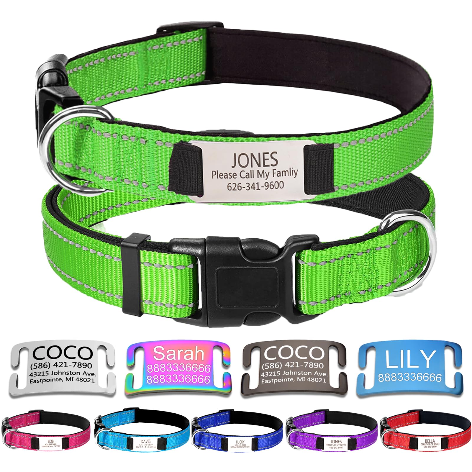 Personalized Dog Collars,Dog Collar with Engraved Name Plate ID Tags,Custom Reflective Adjustable Nylon Collar,Pet Collar for Small Medium Large Dogs,