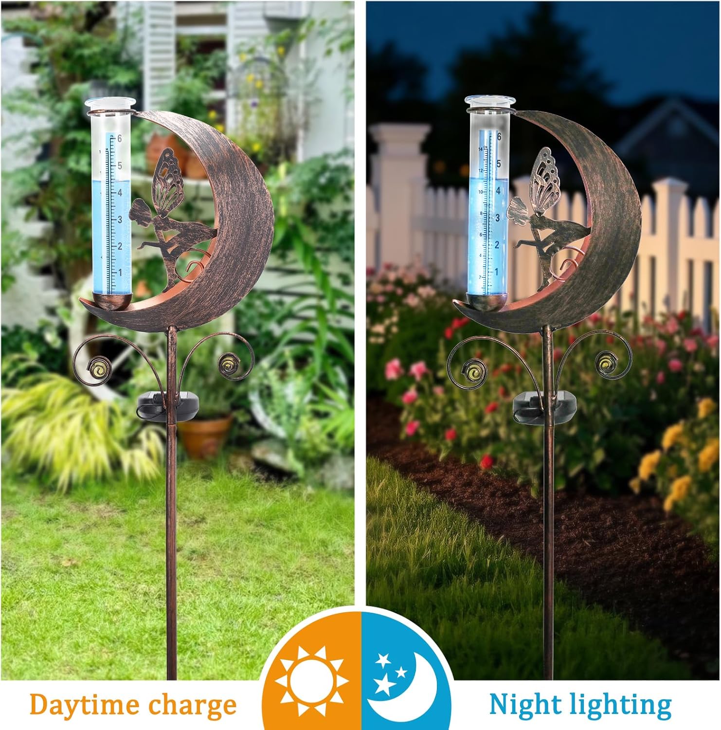 WONDER GARDEN Solar Rain Gauge Outdoor, Decorative Moon Fairy Rain Gauges Outdoors Best Rated, Freeze Proof Water Rain Measure Gauge for Yard Patio Lawn Garden Decor