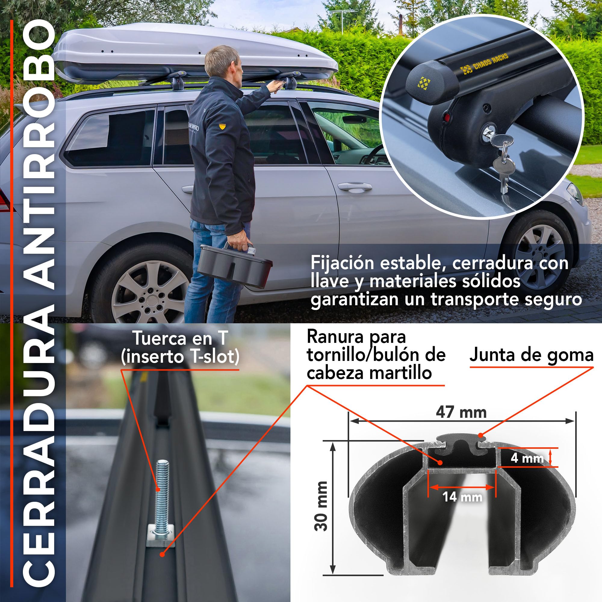 Chaos Racks | Baca Coche Universal para Raíles Abiertos; Barras de Techo; Transporta de Forma Segura Cofre de Techo, Portabicicletas y Escalera; Construcción de Aluminio Ligera y Resistente; 120 cm