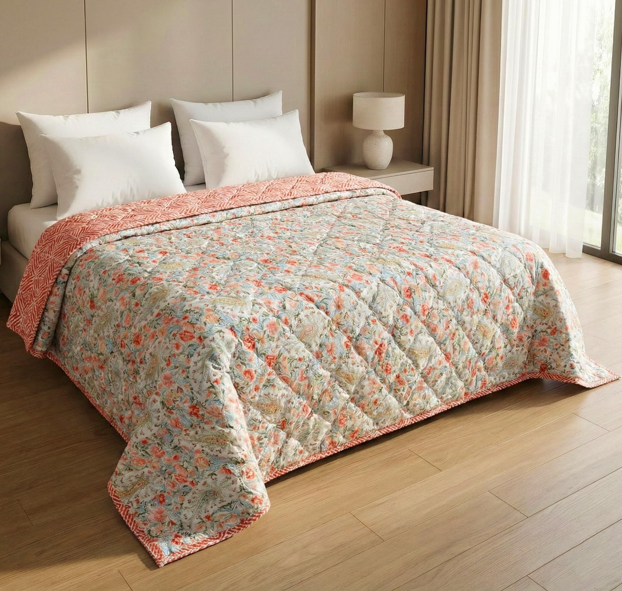 VAS COLLECTIONS Ultrasonic 280 TC All Season King Size Bedspread/AC Blanket for Double Bed | Super Soft Quilted Bedcover/Rajai | Lightweight Durable Comforter | 80 x 90 Inches, Pink White-image-16