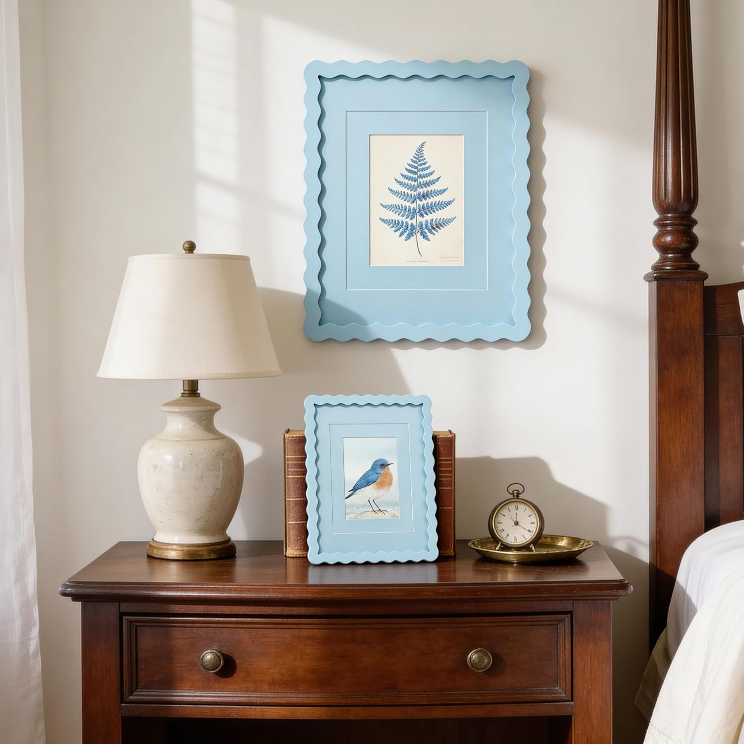 Scalloped 8x10 Picture Frame, Real Glass Wood Frame with Reversible Mat for 5x7/6x8 Prints, Wavy Edge for Wall or Tabletop, Decorative Photo Frame, Blue