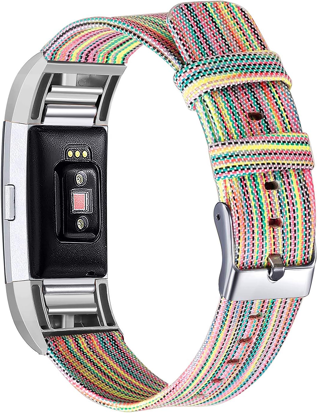 bayite Canvas Fabric Bands Compatible with Fitbit Charge 2, Soft Classic Replacement Woven Straps Wristband Women Men, Rainbow Small