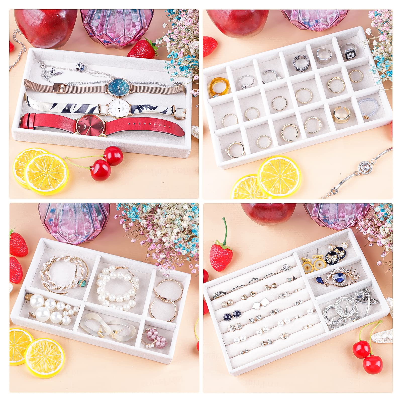 Set 4 Vassoi Organizer Per Gioielli In Velluto - Cassetti Impilabili Per Anelli, Orecchini E Collane, Colore Beige - Foto 5