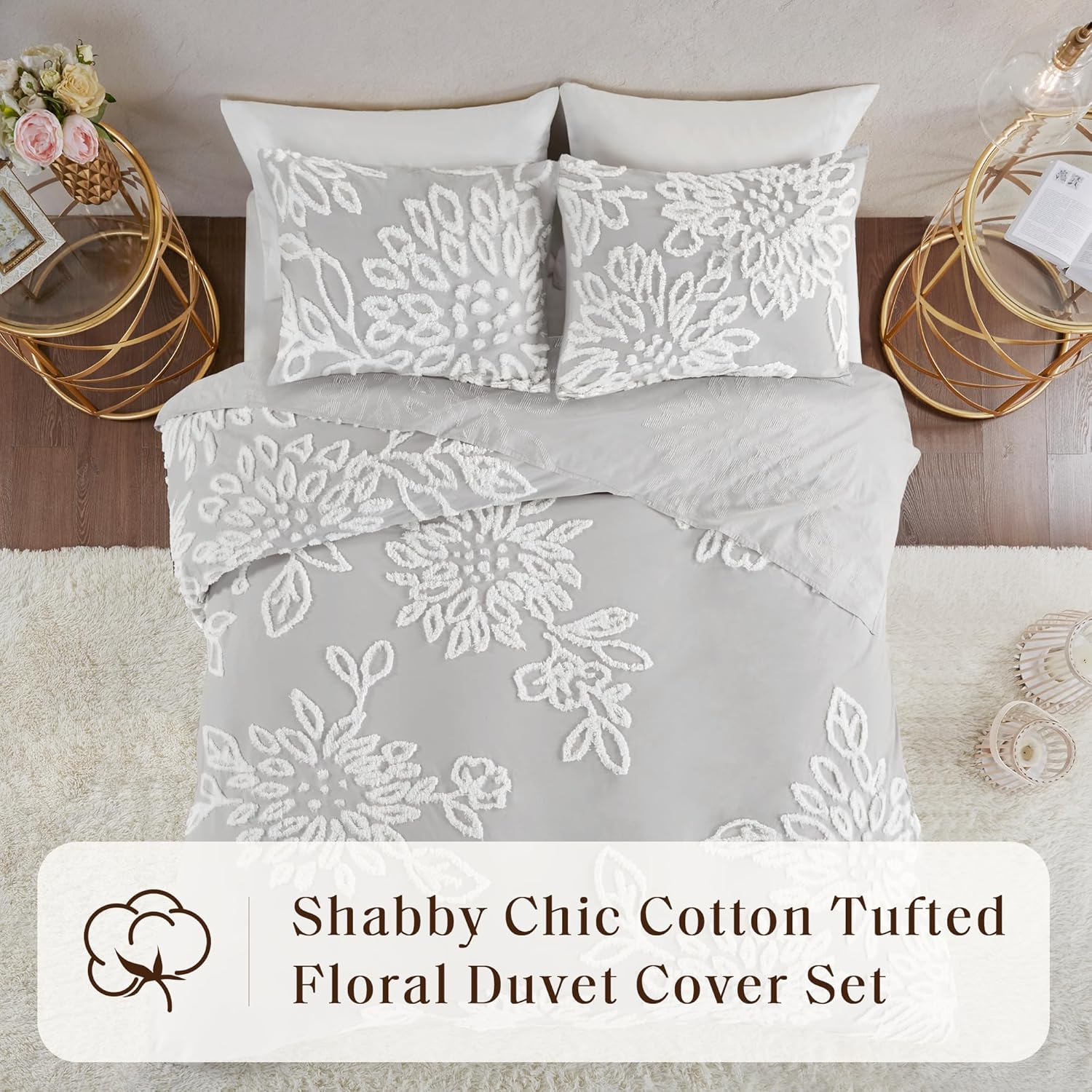 madison park king duvet cover set - floral chenille tufted cotton king bedding cover with shams, veronica, grey/white 3 piece warm grey/white king/cal king :104"w x 92"l/20"w x 36"l