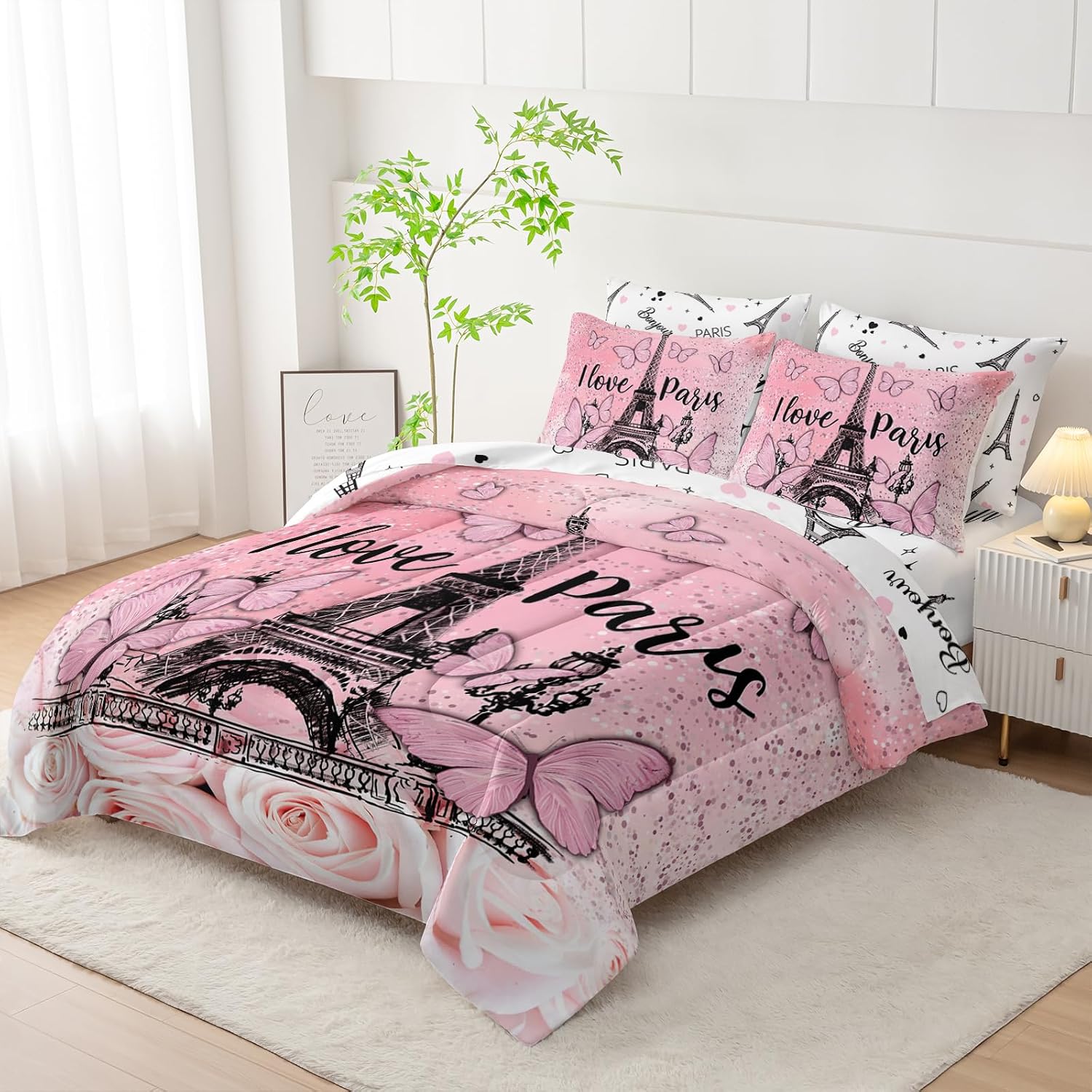 AILONEN Pink Paris Comforter Set Queen Size,7-Piece Soft Bed in a Bag,Butterfly Eiffel Tower Comforter & Fitted Sheet & Flat Sheet & 2 Pillowcases,2 Pillow Shams for Girls Women