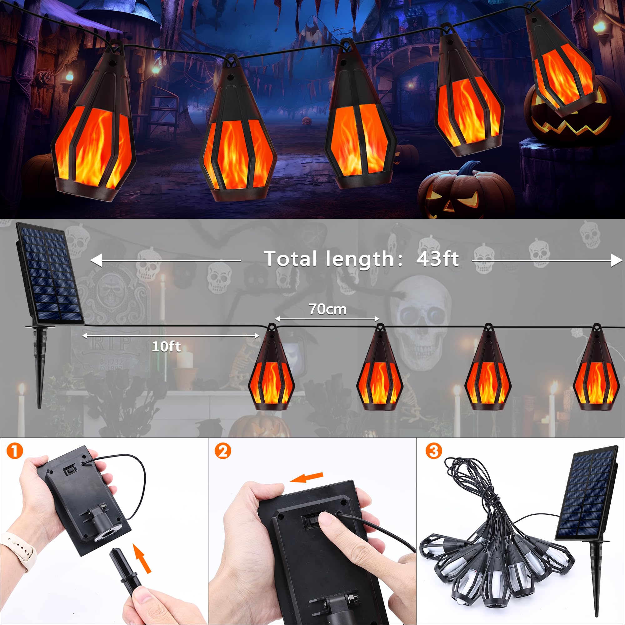 Solar-Lichterkette für den Außenbereich, 10 m, Solar-Terrassenlichter mit 15 flackernden Flammen, wasserdicht, rot, solarbetrieben, Außenleuchte für Garten, Hof, Terrasse, Pavillon, Bistro, Café