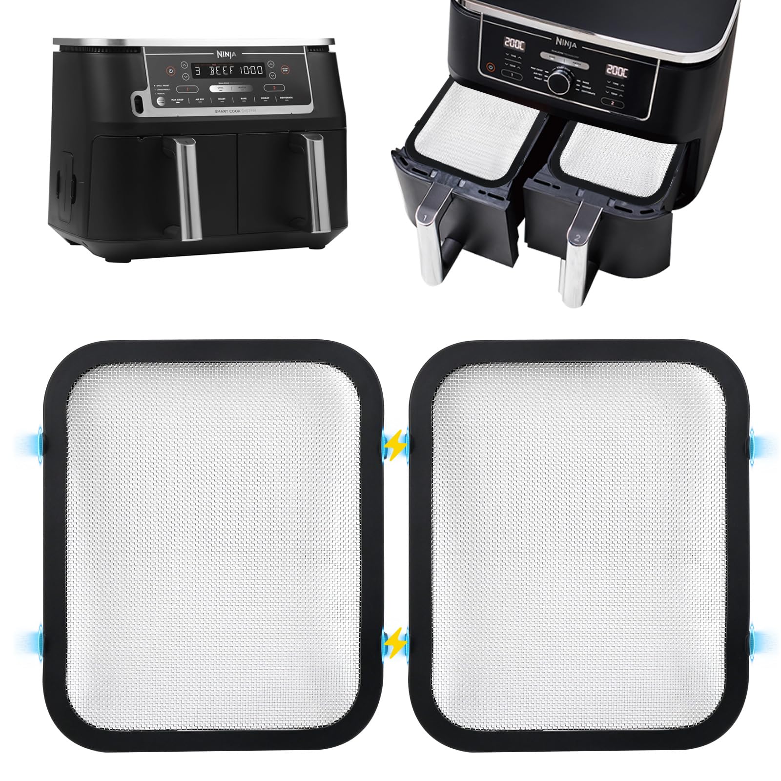 2 Stück Edelstahl Spritzschutz Heißluftfritteuse Zubehör Kompatibel mit Ninja Foodi Max Dual Zone AF400EU & AF451EU Airfryer, Feinmaschiger Fettspritzschutz für Air fryer mit silikon außen