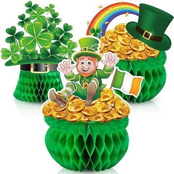 Blulu 3 Pieces St Patrick Honeycomb Decoration, Cute Pot-O-Gold Centerpiece Shamrock Leprechaun Tissue Irish Clover Paper Table Topper for Saint Patrick Party Accessory 7.87-8.6 inch