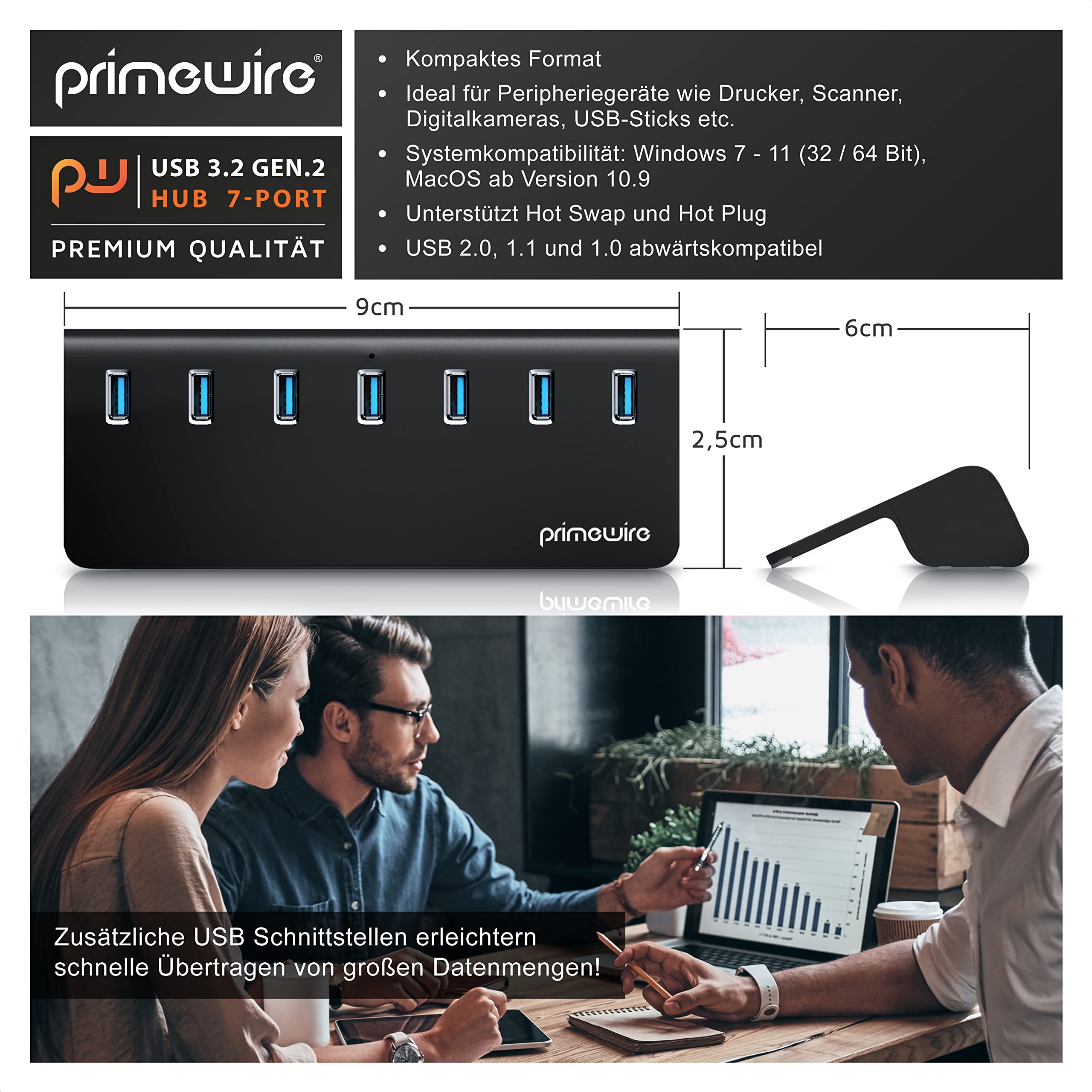 CSL 7 Port USB 3.0 Hub aktiv - 10 Gbit/s - 7 Port Verteiler – mit Netzteil aktiv - USB-Kabel, Stromversorgungskabel – Aluminiumgehäuse - PC Notebook Laptop - Windows 7 – 11, kompatibel USB 3.2 2.0