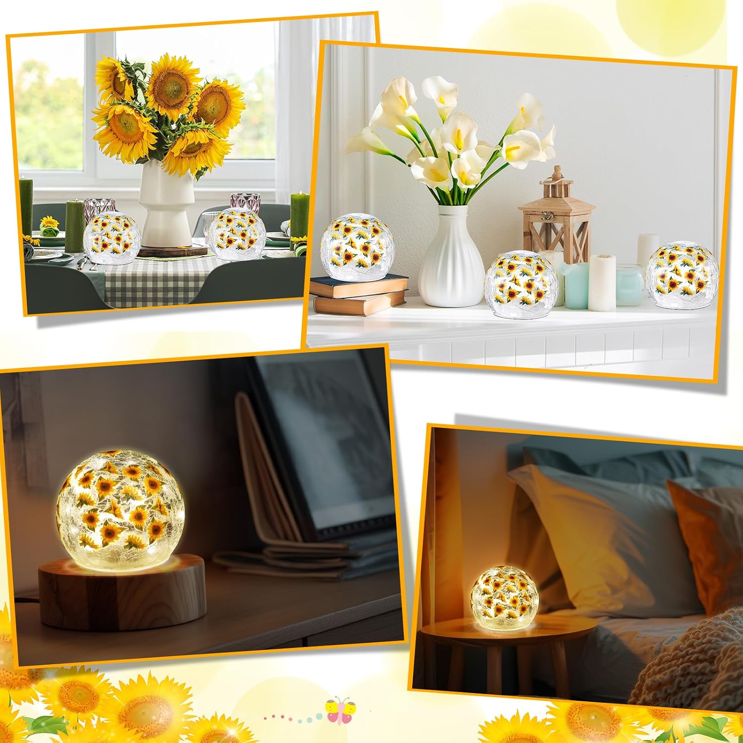 Rossesay Sunflower Glass Lighted Ball Decorative Battery Operated 3.9 Inch