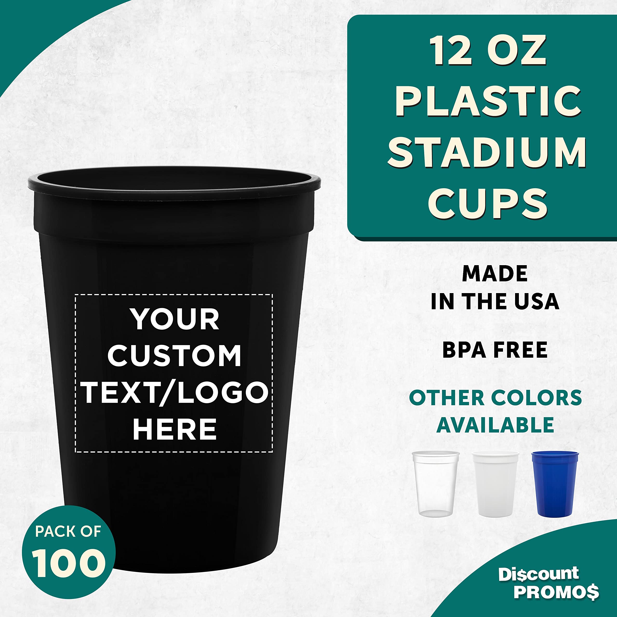 DISCOUNT PROMOS Personalized Plastic Cups + 12 oz Size + Disposable Party Design + Bulk Set (10, 50 or 100) Ideal for Weddings, Birthdays, Picnics & Beach Parties - Black