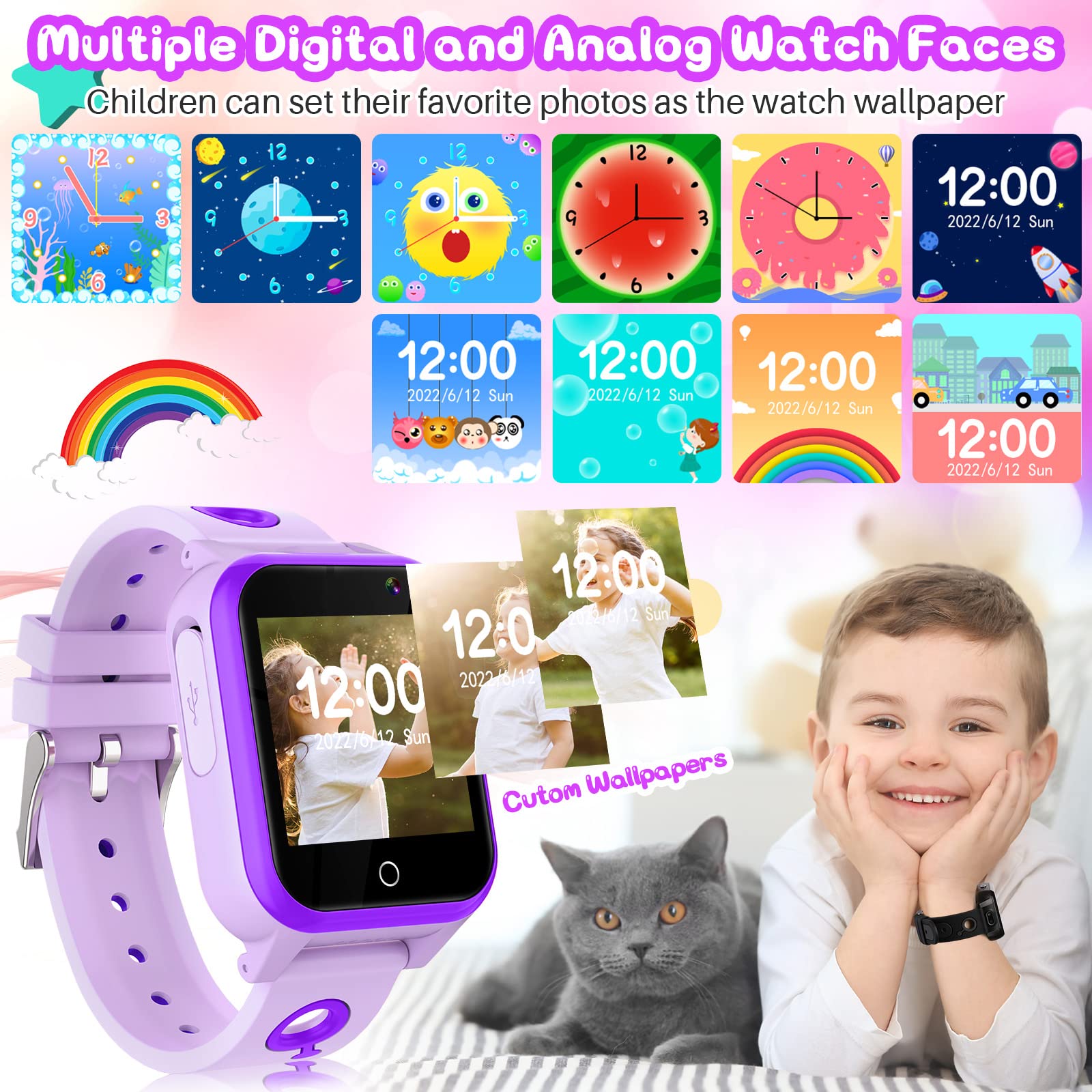Montre intelligente de jeux pour enfants avec écran tactile, 18 jeux, appareil photo, podomètre, réveil, lecteur MP3, montre musicale pour enfants, garçons et filles, cadeau de Noël et