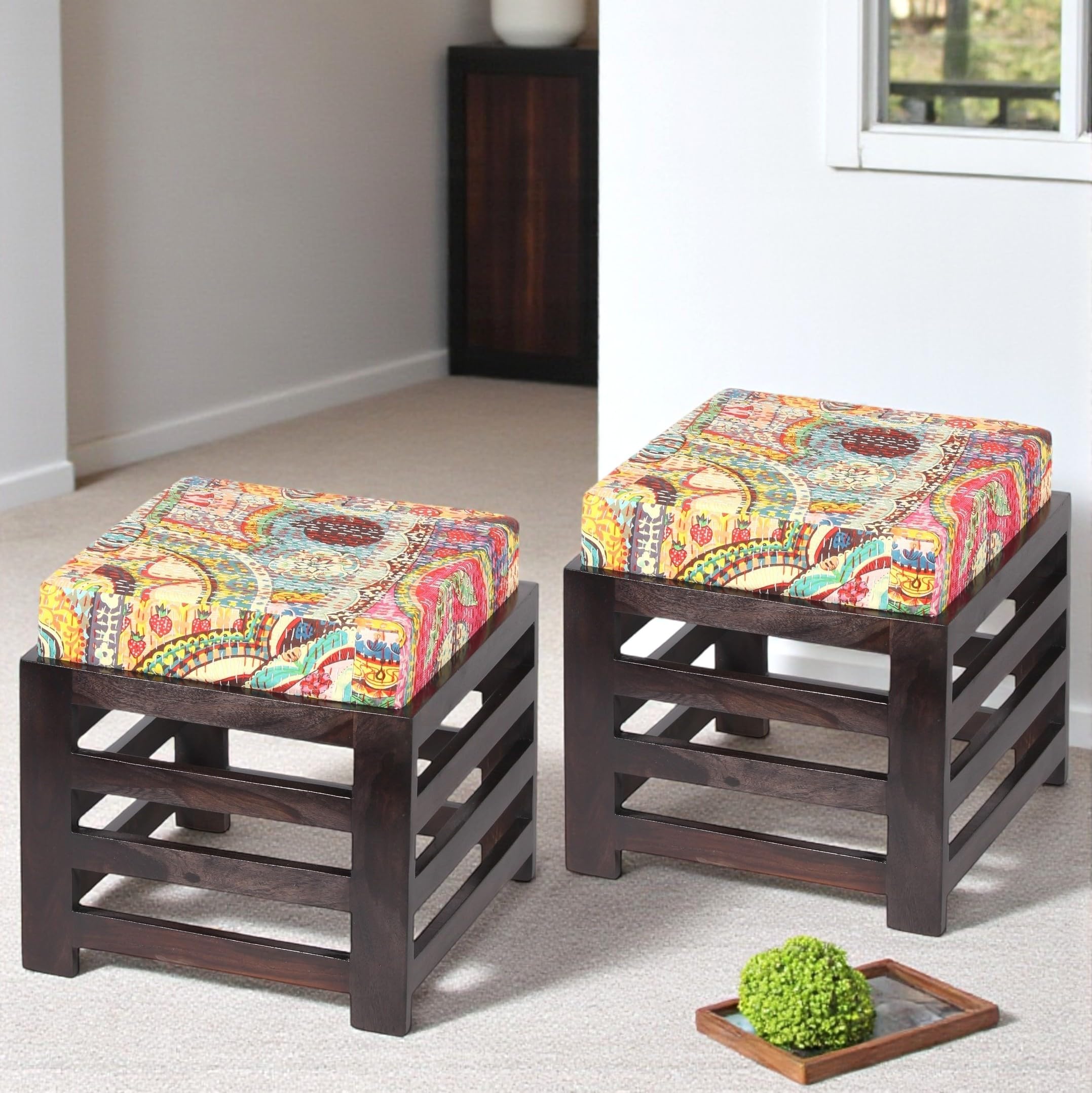 Ikiriya Stylish Houston Sheesham Wood Bohemian Square Stool Set of 2, Dark Mahogany, Israel Print Patchwork (17x17x16 Inches, 1 Yr Warranty)-image-2