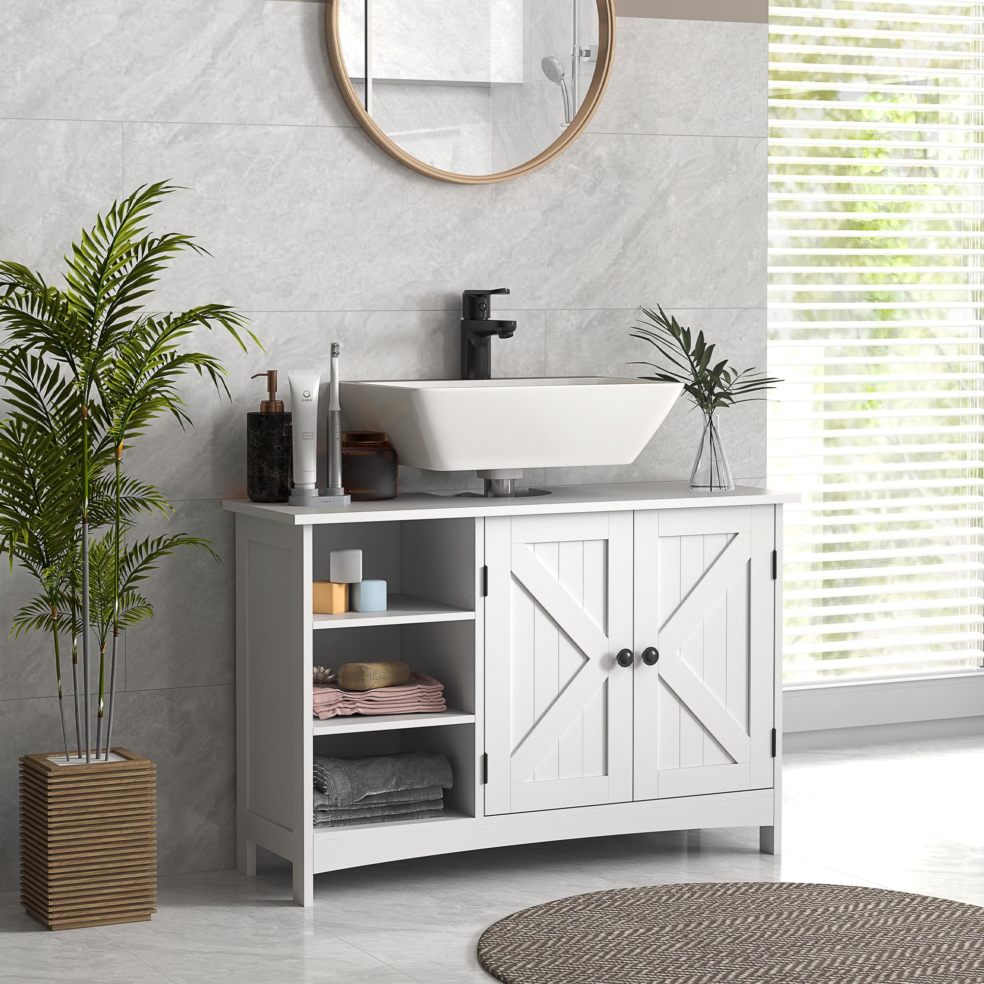 kleankin Mueble para Debajo del Lavabo Armario para Baño bajo Lavabo Moderno con Estantes Ajustables 2 Puertas y Antivuelco 90x30x60 cm Blanco