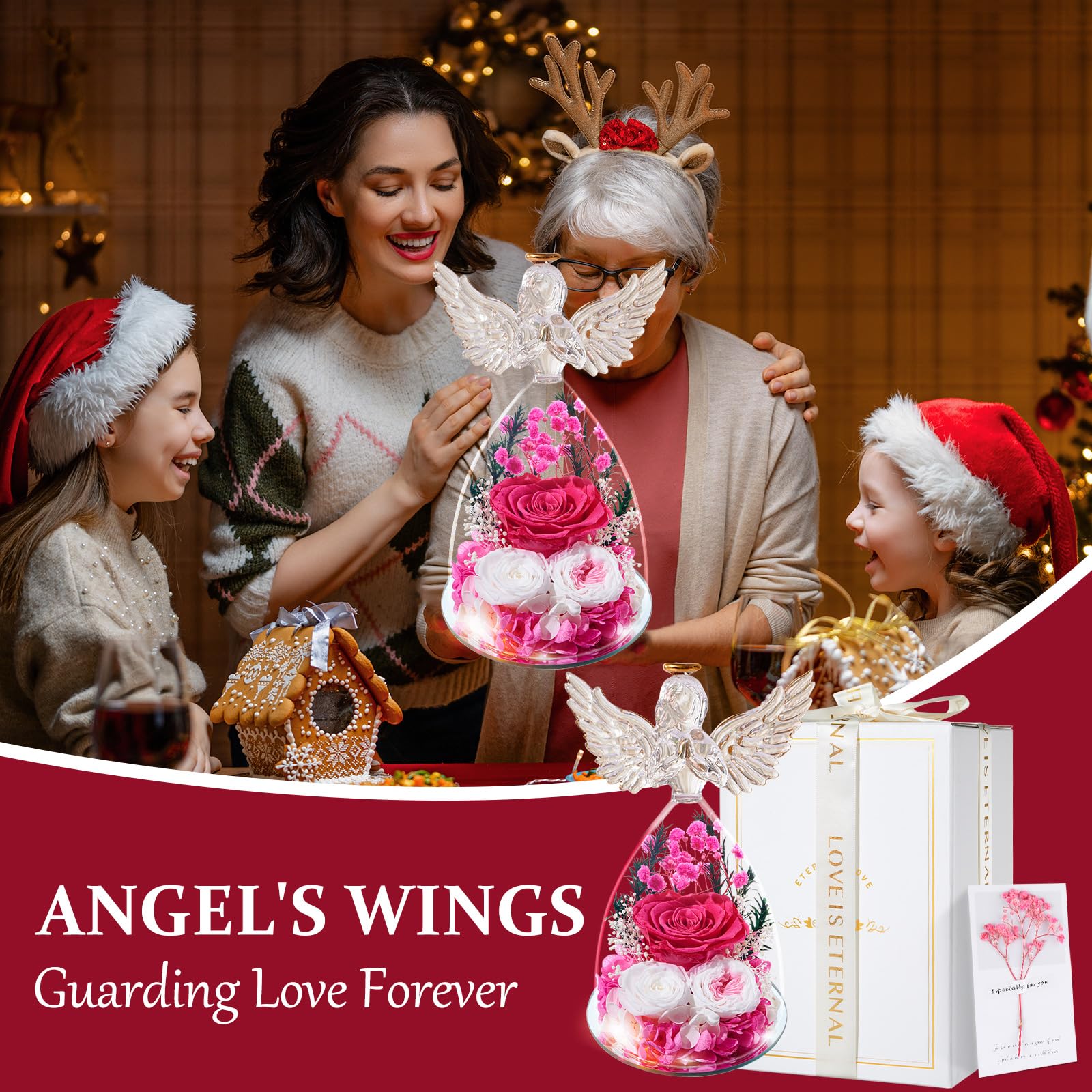 Regalos Originales para Mujer Día de la Madre, Rosa Eterna Flores Preservadas en Ángel Figura, Regalos para Mamá Madre Abuela Esposa Novia, Cumpleaños Navidad Acción de Gracias Aniversario, Rosa