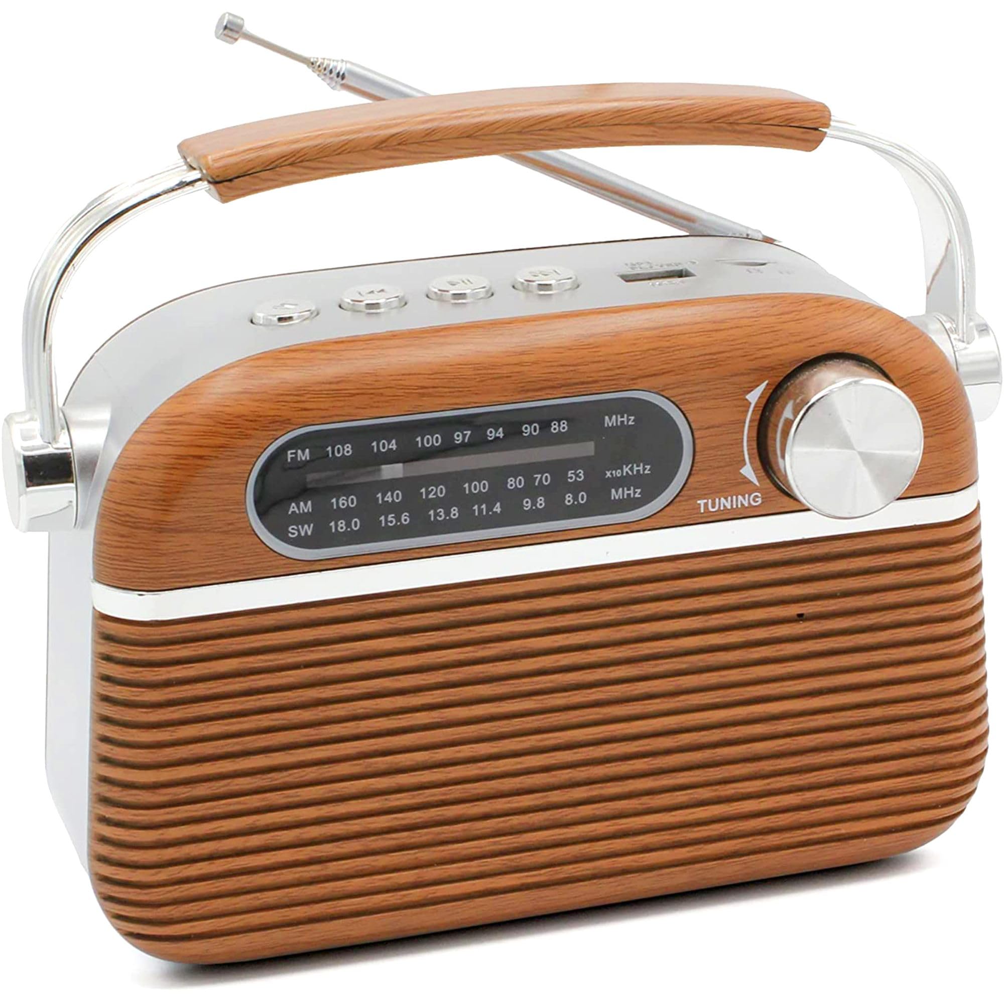 FISHTEC Radio Vintage Années 60 FM AM SW Lecteur MP3 USB Micro SD Design Bois INOX Antenne Rétractable Secteur Piles LR20 20.5x12.5x8 cm Compacte Portable