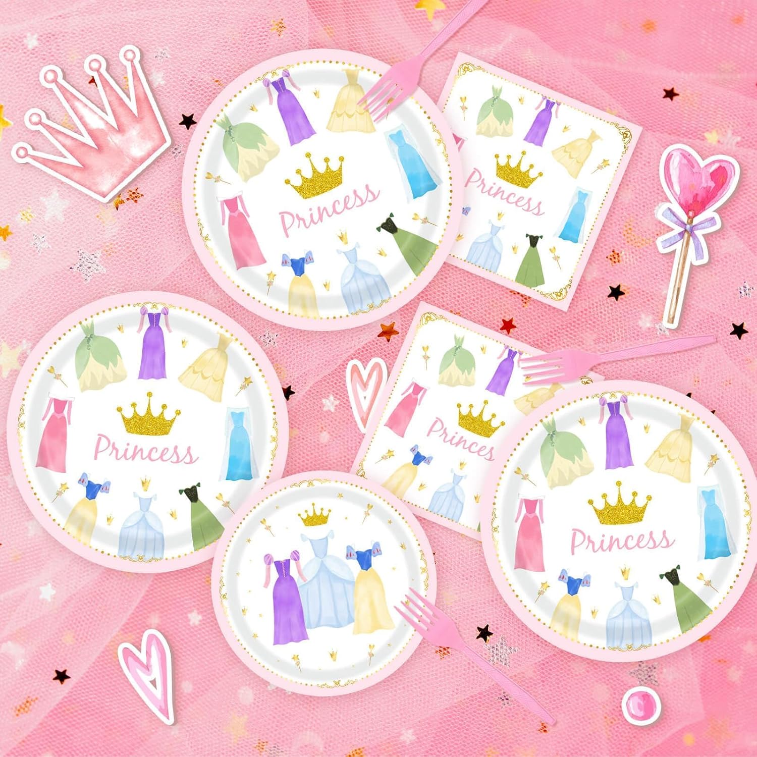 Princess 96Pcs Birthday Party Paper Plates and Napkins for Girls - 24 Dinner Plates, 24 Dessert Plates, 24 Napkins, 24 Plastic Forks - Pink, Cartoon Pattern - Girl Birthday Party Decoration - Image 6