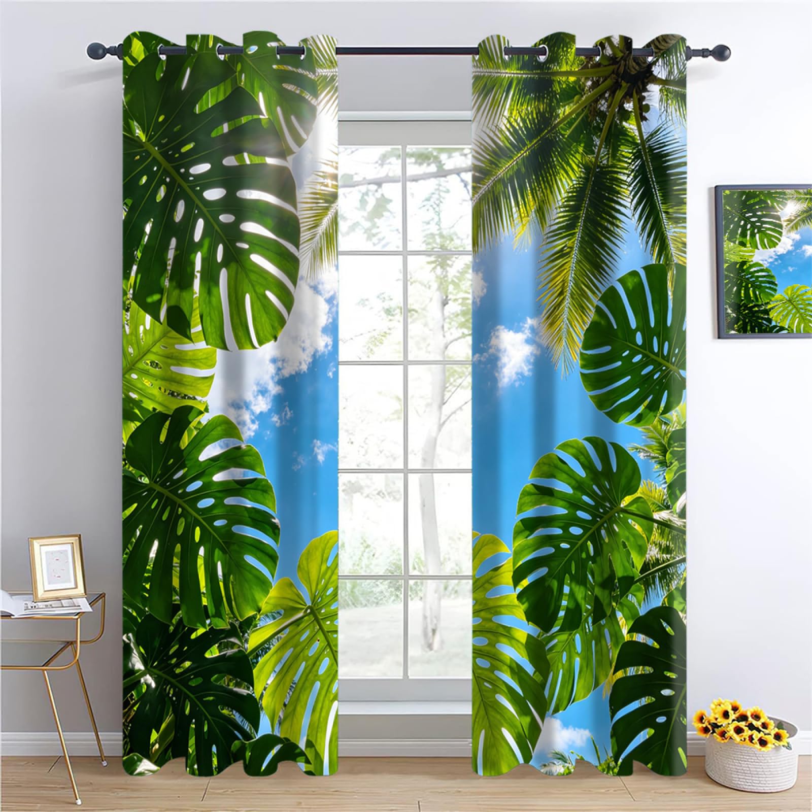Blue sky and white clouds Insulated Blackout Curtains,Monstera leaves Bedroom Curtains, Green leaves Drapes for Kids Nursery, Tropical plants Living Room Printed Noise Reducing W96 x L183cm 2 Panels