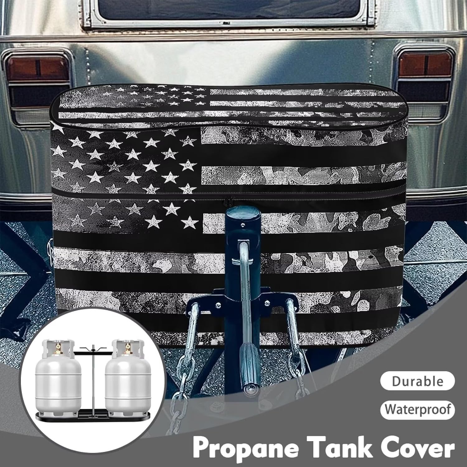 Black American Flag Travel Trailer Cover Camouflage Heavy Duty RV Camper Propane Tank Cover Fits 20LB Dual Propane Tanks Easy to Install