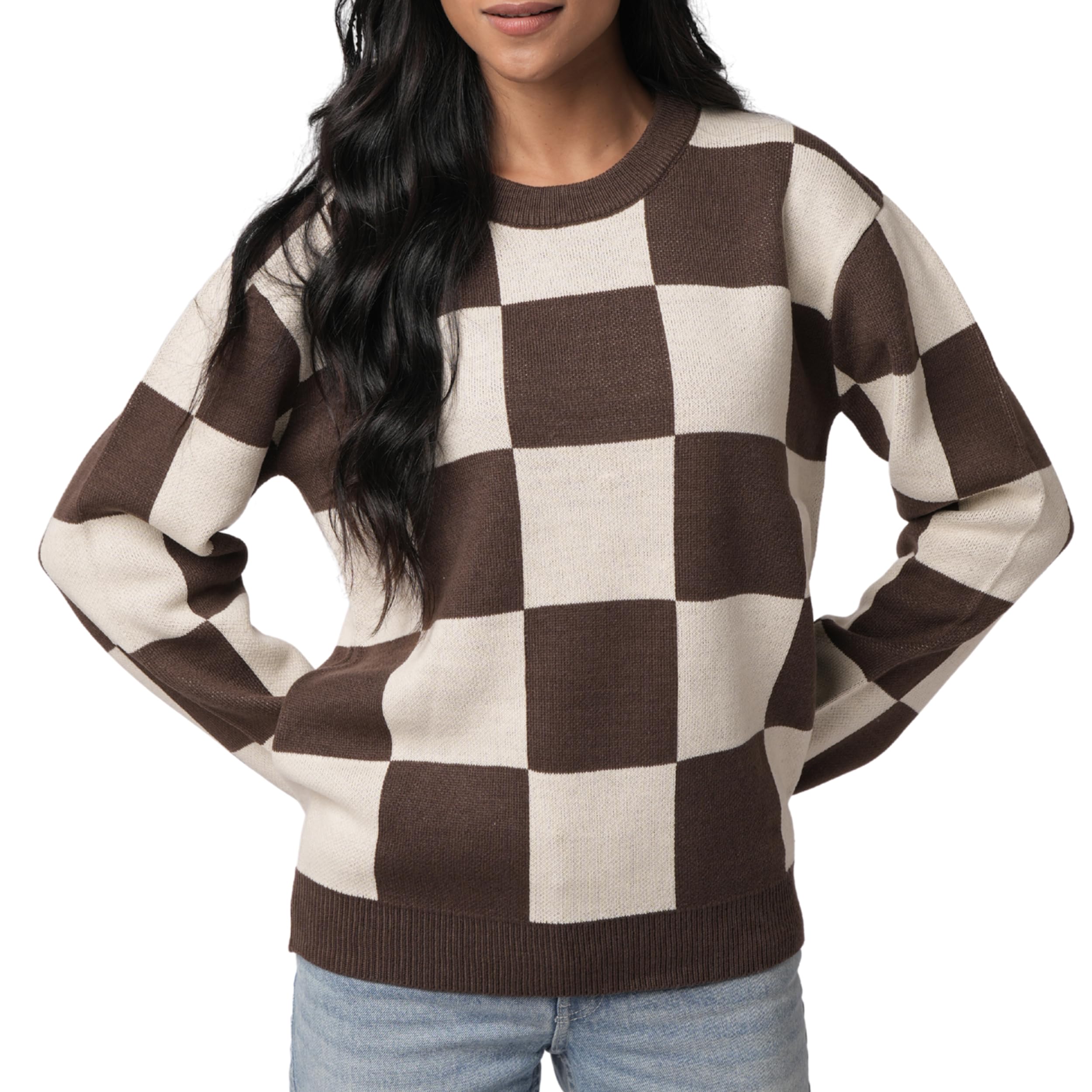 Crew Neck Sweater for Women Lightweight Knitted Checkered Sweater Women Pullover for Fall Winter 2025 Long Sleeve Top