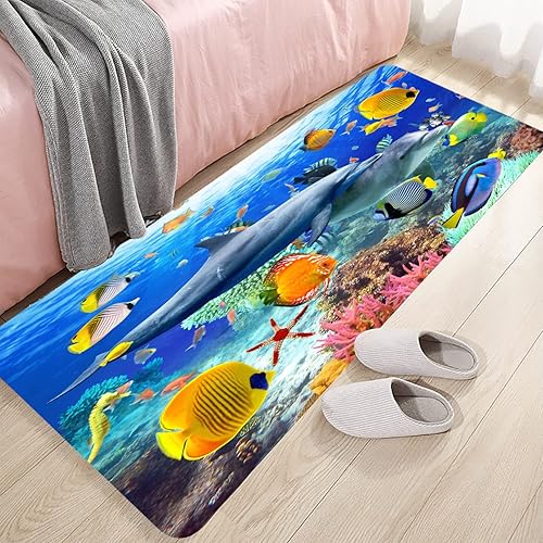 Las bañeras de cocina y baño utilizan tapetes absorbentes antideslizantes, alfombra rectangular 3D de delfín coral de arte moderno (17 x 47