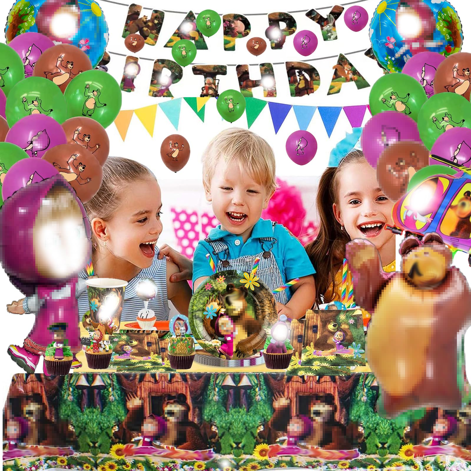 129 Pezzi Stoviglie Compleanno Per 20 Clienti, Orso Compleanno, Addobbi C-ompleanno, Orso C-ompleanno Palloncini Piatti Bicchieri di Carta Tovaglioli Tovaglia
