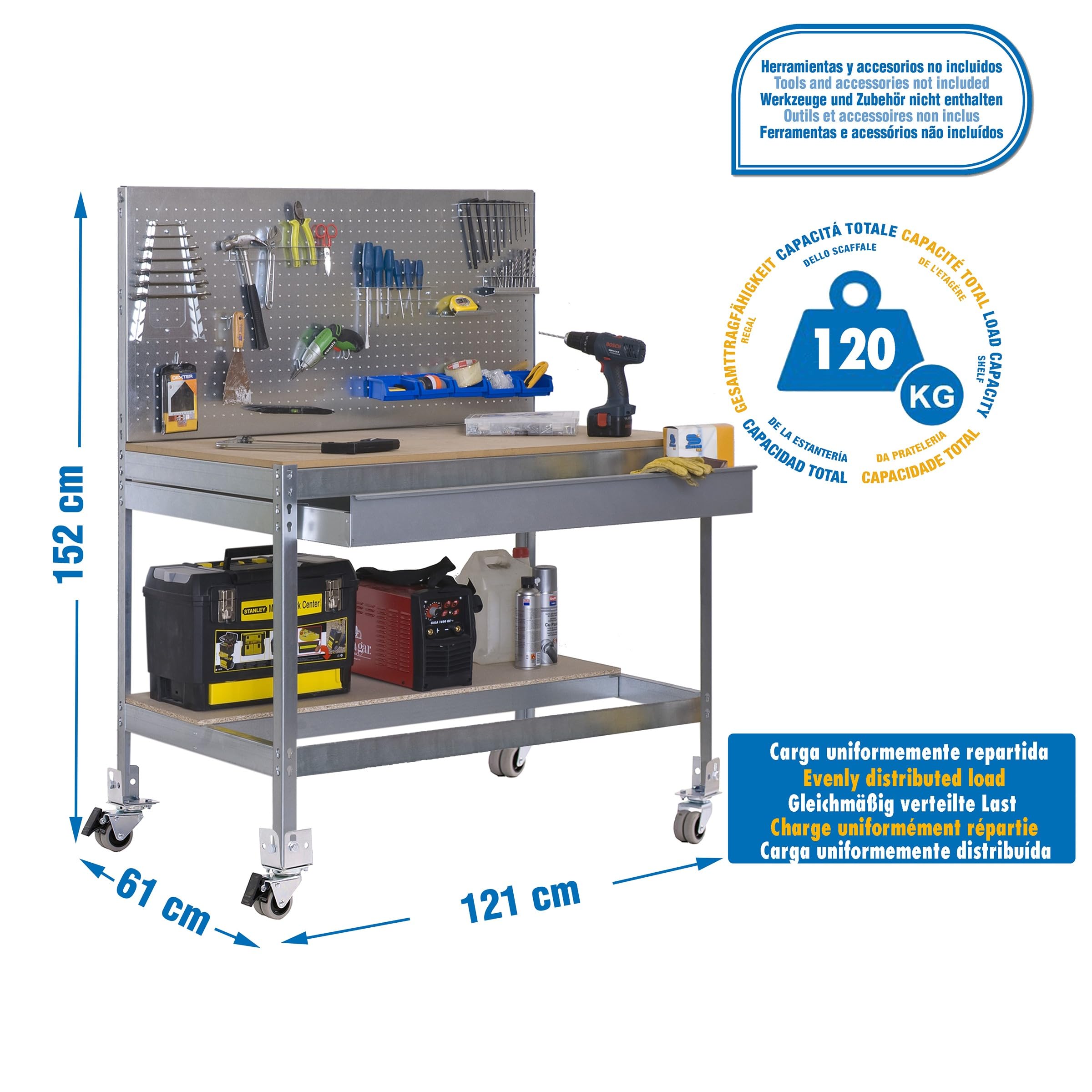 Simon Rack Banco de Trabajo Taller con Ruedas 1210x610 mm - BT2 | Panel Perforado y Cajón, Tablero madera 16 mm, Capacidad Carga 120 kg, Galva , Pintura anticorrosión, Montaje sistema clic