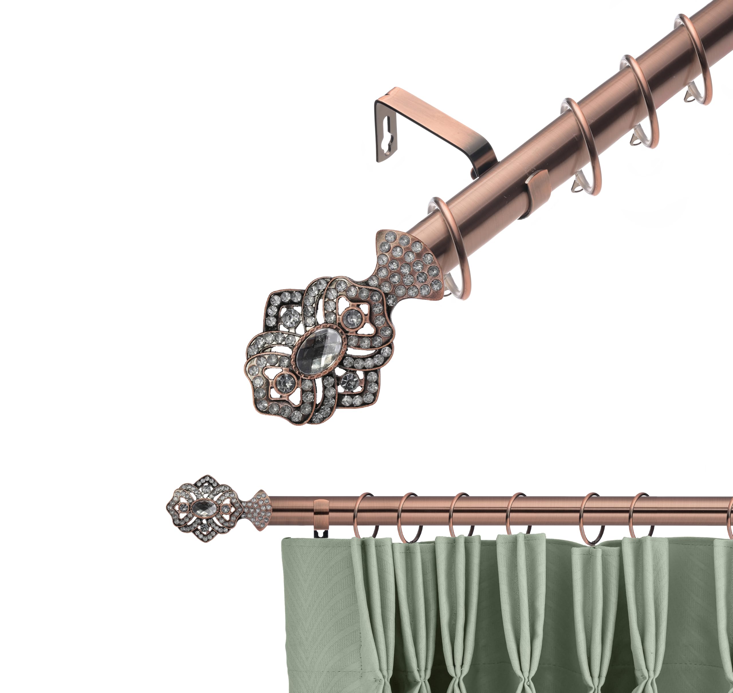 Lister Cartwright 28mm Antique Copper Adjustable Extendable Metal Curtain Pole Set Rings with Dazzling Plume Finial Voile Easy fit to Outdoor, Bedroom, Living Room (120-220 cm)