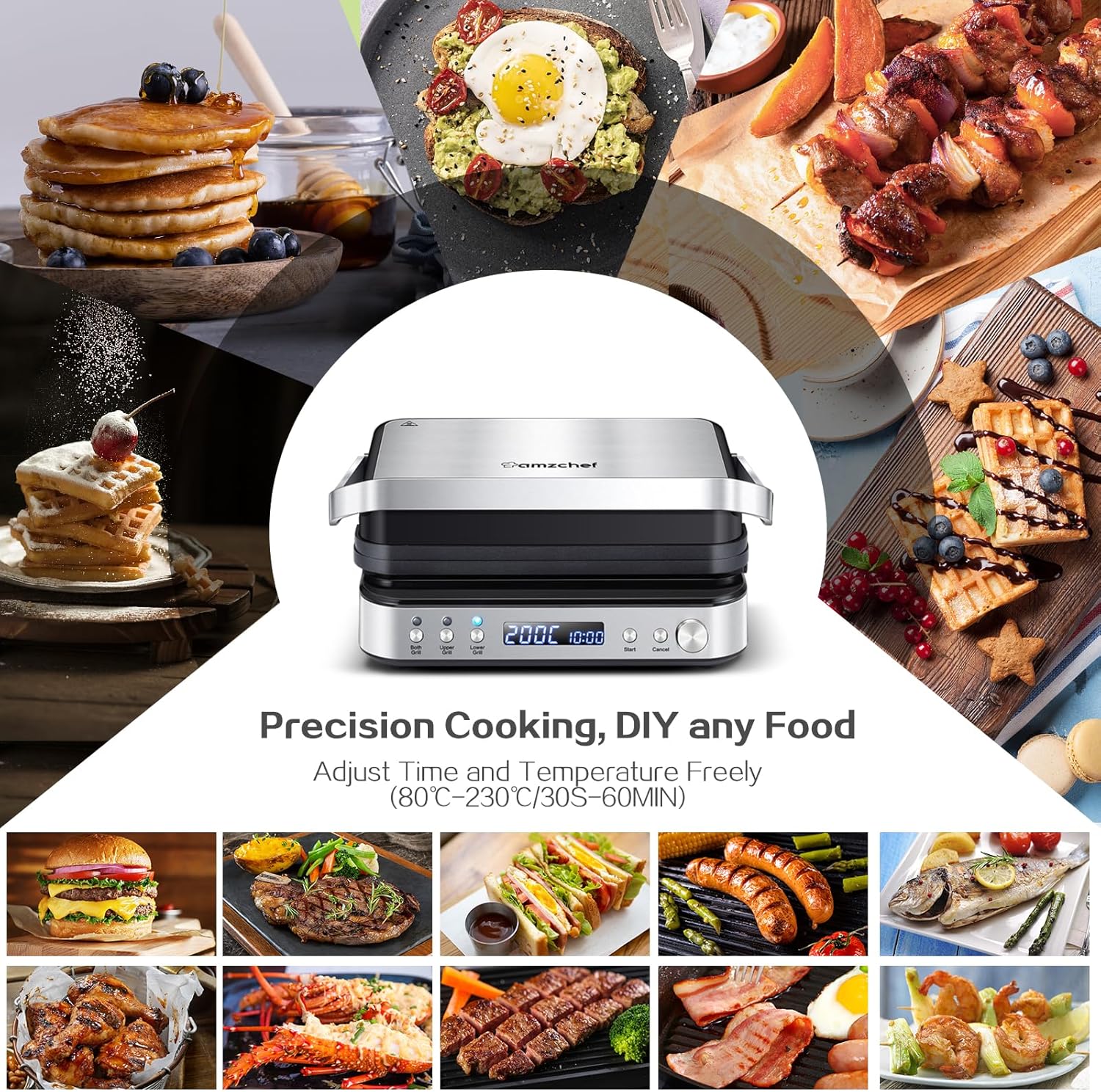 AMZCHEF 4-in-1 Multi-functional Grill showing Grill, Griddle, Waffle Maker, and Panini Press modes