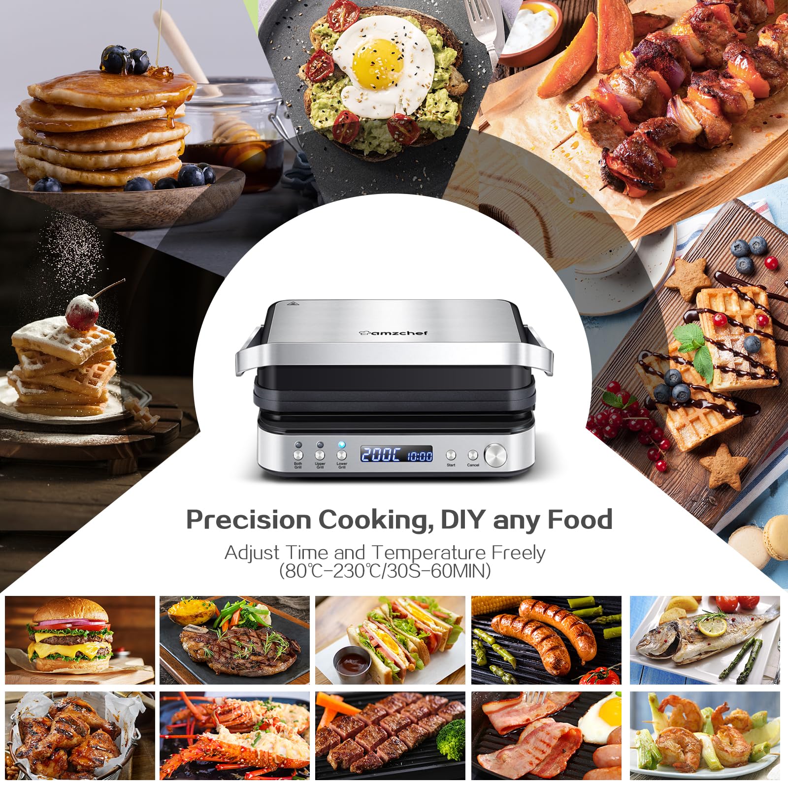 AMZCHEF Griglia Multifunzione 4 in 1 a Contatto, Piastra, Waffle Maker & Piastra panini con 4 piastre antiaderenti rimovibili, tempo e temperatura individuali, display a LED, 2000W