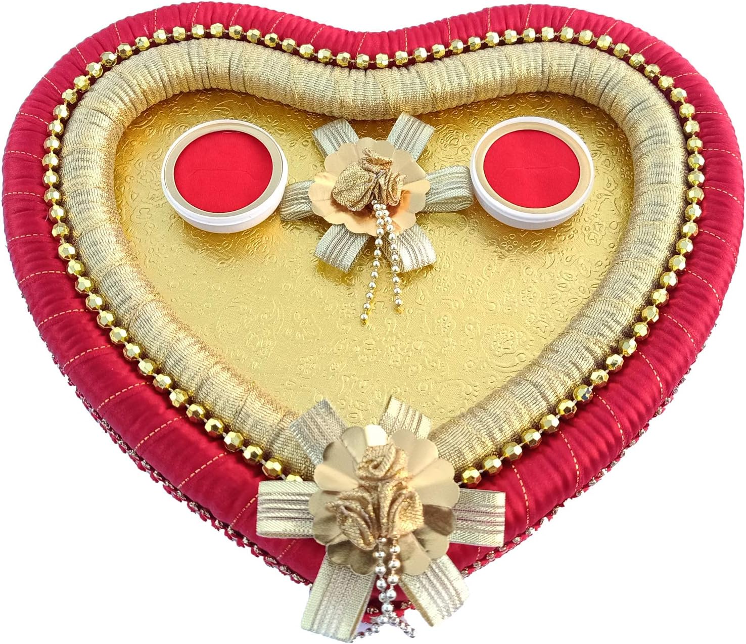 Amions Engagement Ring Platter MDF Base Red and Gold Color Heart Shape Decorative Tray, Wood
